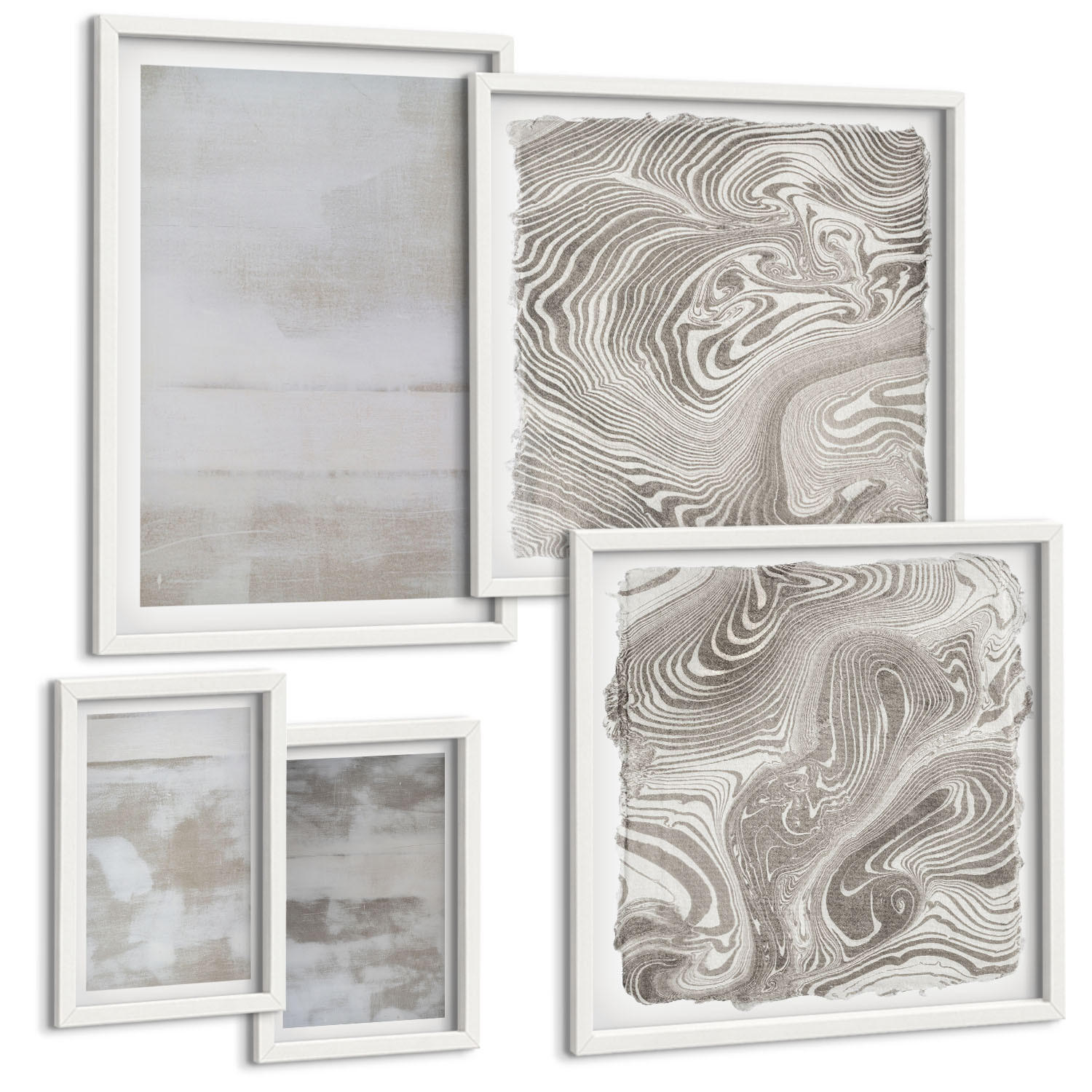 BILDER SET 5er Set - 50x50 cm & 20x30 cm & 40x60 cm Weißer Rahmen - Abgenutzte Texturen, moderner Stil - Weiß, Kunststoff (40/60cm) - TULUP