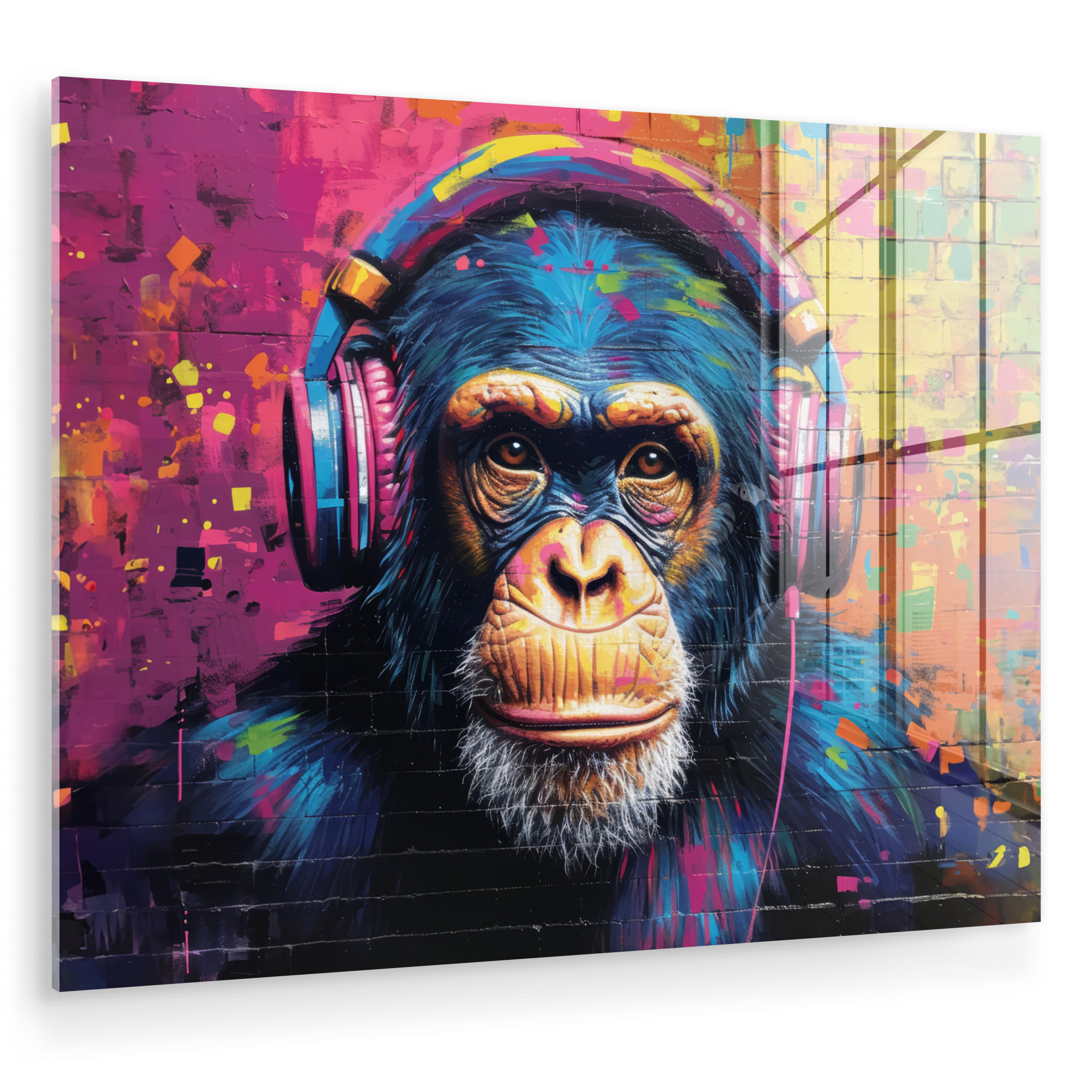 ACRYLGLASBILD Graffiti - Schimpanse - Straßenkunst - Kopfhörer - Affe 80x60 cm - Blau, Glas (80/60cm) - MuchoWow