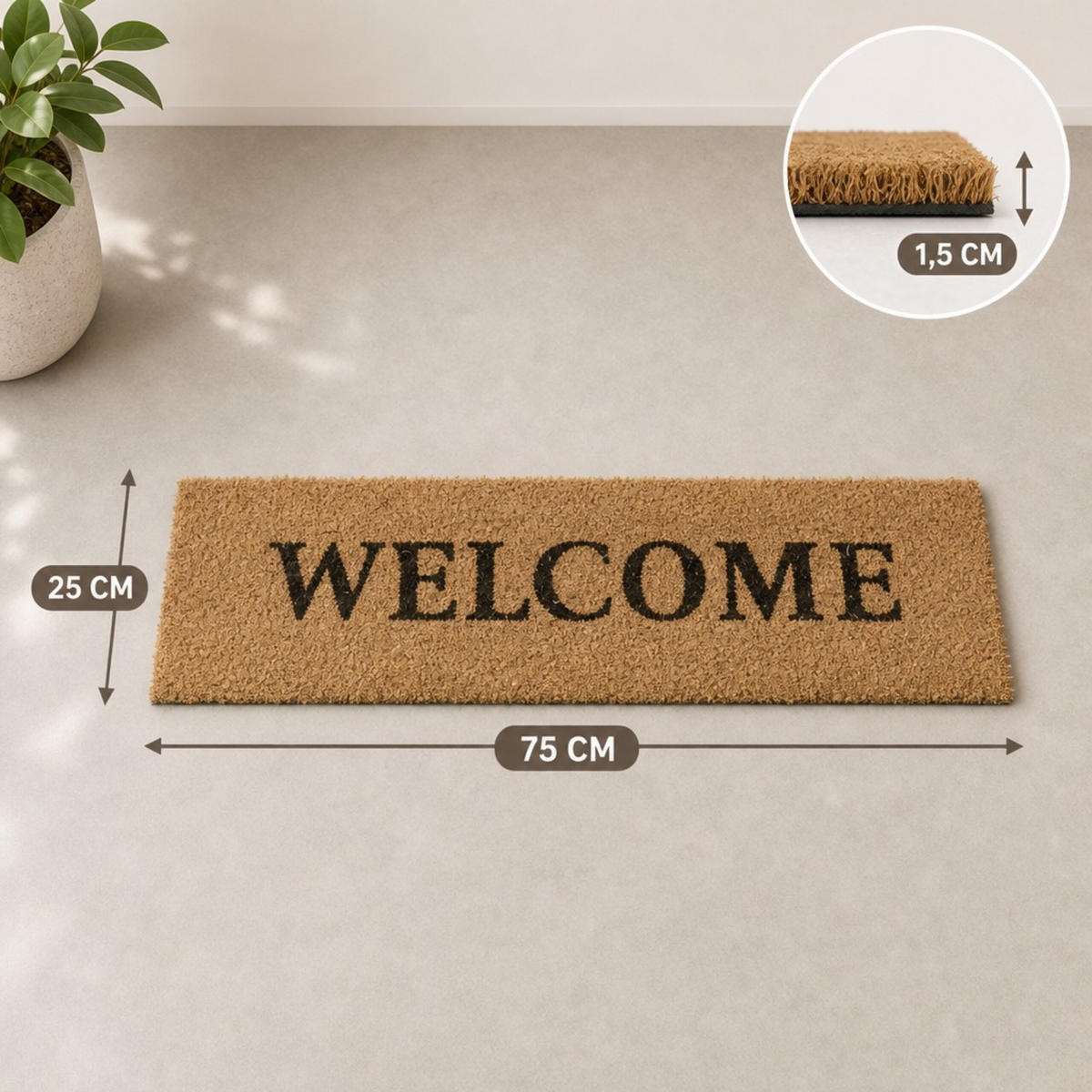 FUSSMATTE Natur Kokos WELCOME 75x25 cm - Hellbraun, Kunststoff/Textil (75/25cm) - Relaxdays
