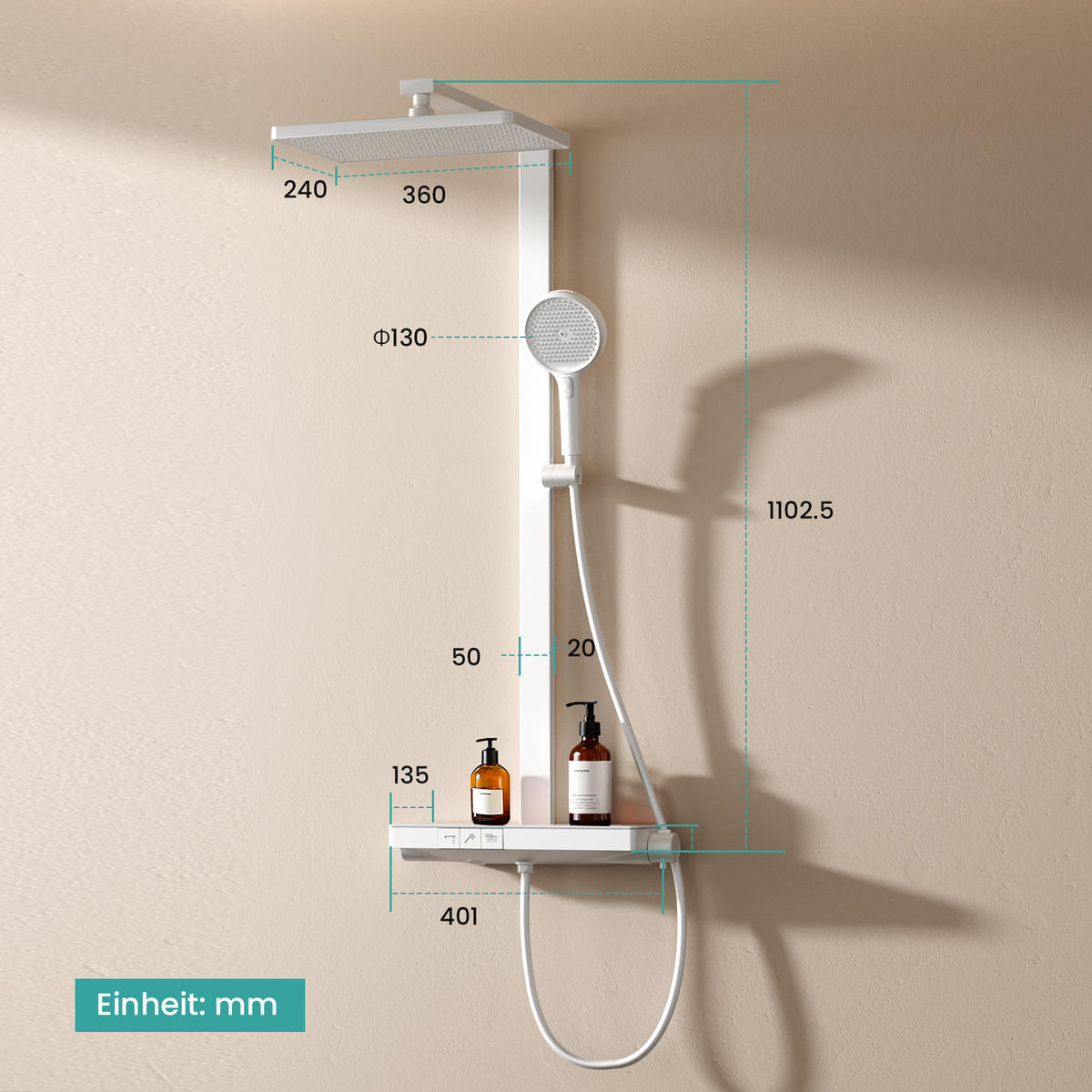 ÜBERKOPFBRAUSESET mit Brausethermostat Temperaturanzeige Weiß - Weiß, Metall (43.7/112.2/62.5cm) - EMKE