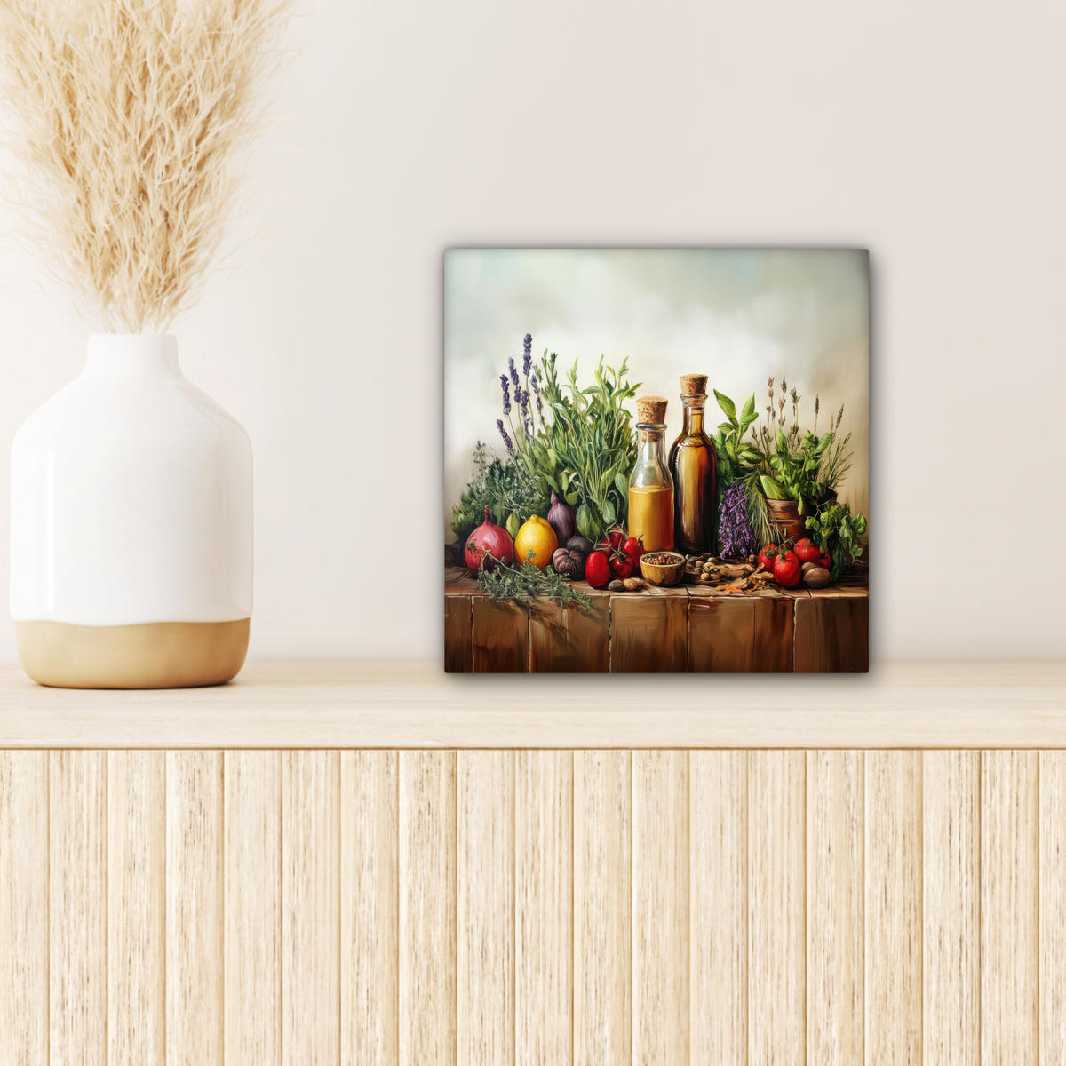 LEINWANDBILD Stilleben - Kräuter - Gewürze - Früchte - Farbenfroh Deko Wohnzimmer 20x20 cm - Grün, Textil (20/20cm) - MuchoWow