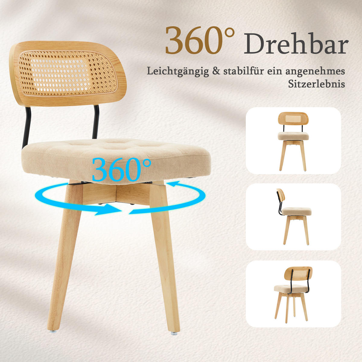 ESSZIMMERSTUHL 2er Set 360° drehbar, Wiener Geflecht, Chenille, Massivholz, Hellbraun - Hellbraun/Eichefarben, Holz/Textil (43/77/50cm) - LVHOM
