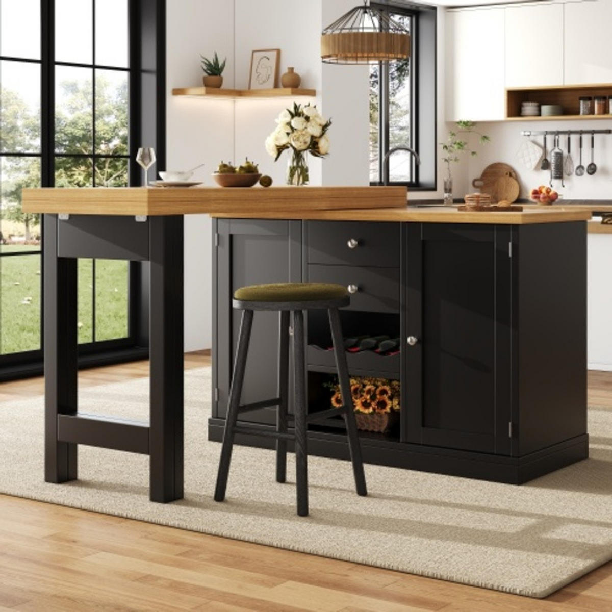 KÜCHENINSEL 120-197×40×74 cm aus MDF und Metall mit 360° drehbarer ausziehbarer Tischplatte, schwarz - Schwarz, Holzwerkstoff (197/74/40cm) - Luhomfu