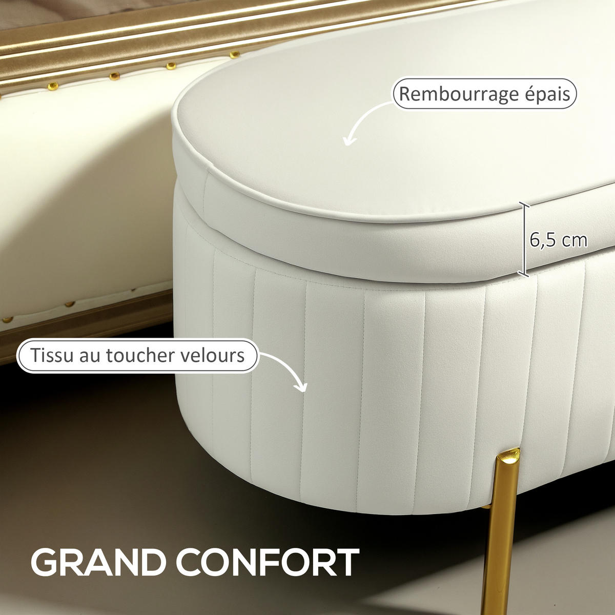 TRUHENBANK DE-16429 oval mit Samtbezug und Stauraum Creme - Creme, Textil (108/43.5/44cm) - ComfortXL