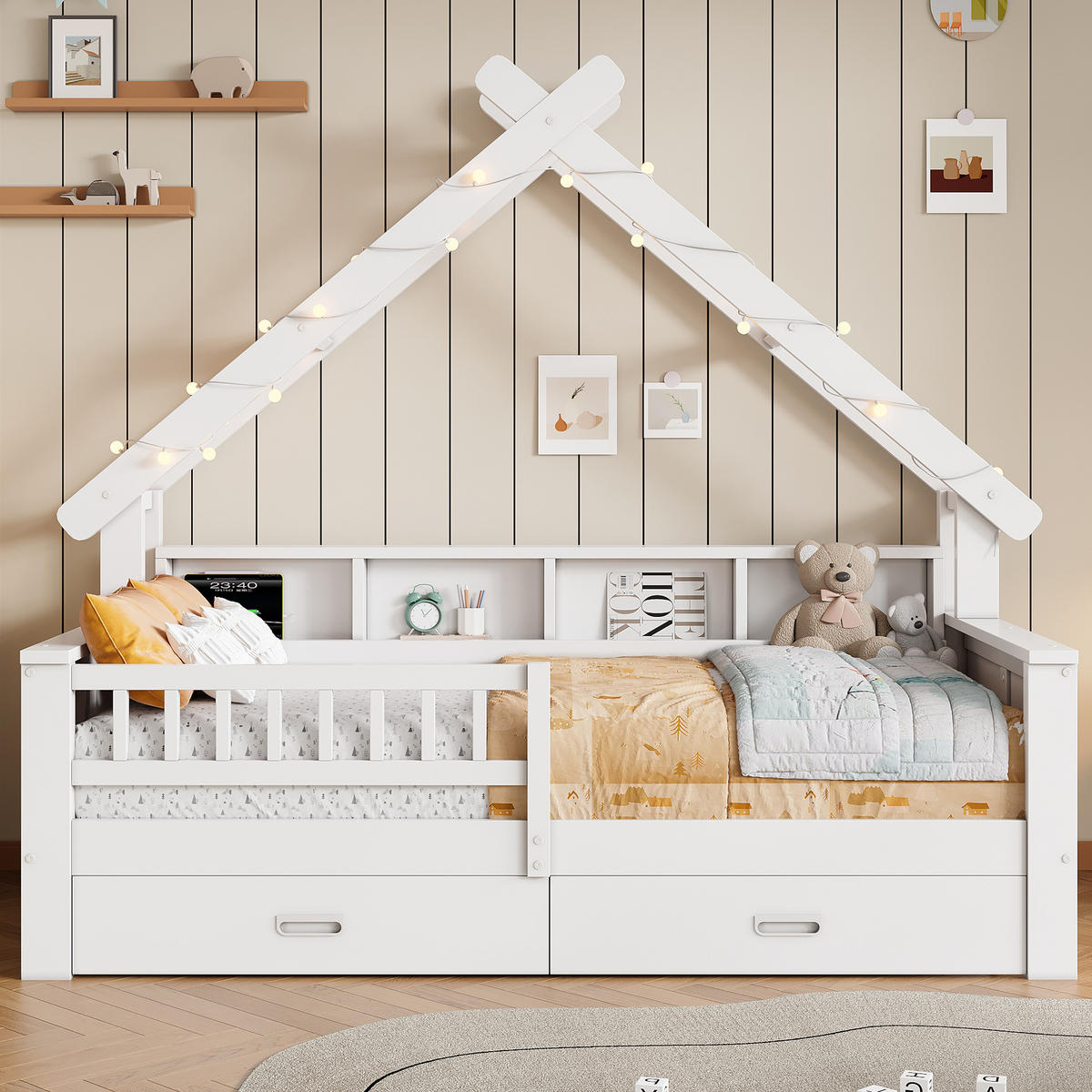 HAUSBETT 90/200 cm in Weiß mit LED, 2 Schubladen und Regal - Weiß, Holz/Holzwerkstoff (90/200cm) - WISHDOR
