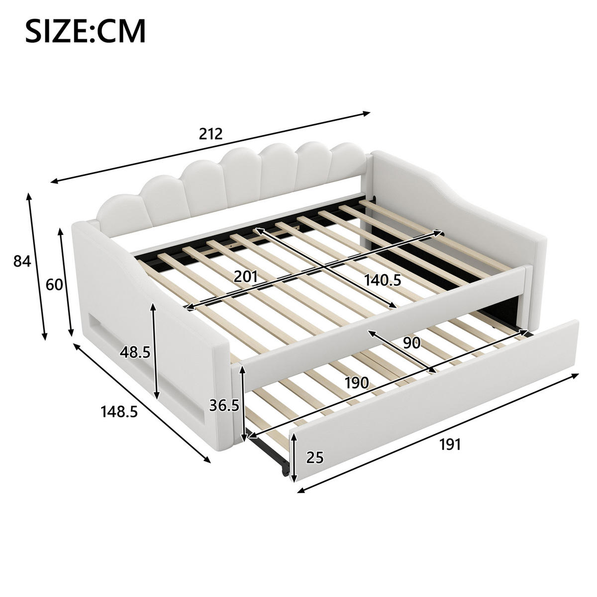 TAGESBETT 140/200 cm mit LED-Beleuchtung, Ausziehbett und Leinenbezug, Beige - Beige, Holzwerkstoff (140/200cm) - Redom