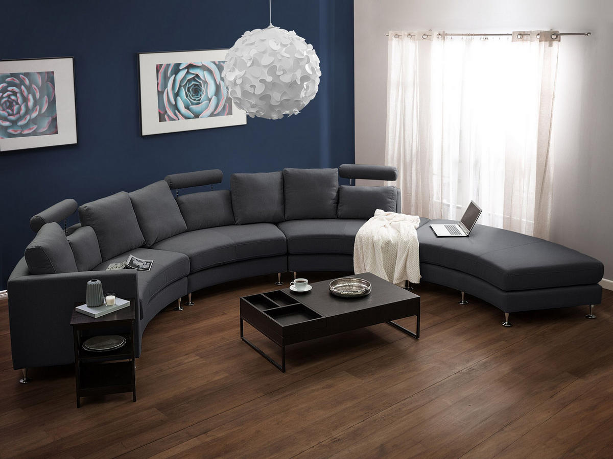 7-SITZER-SOFA mit Ottomane Polyester Grau Rotunde - Dunkelgrau, Textil (448/76/236cm) - Beliani