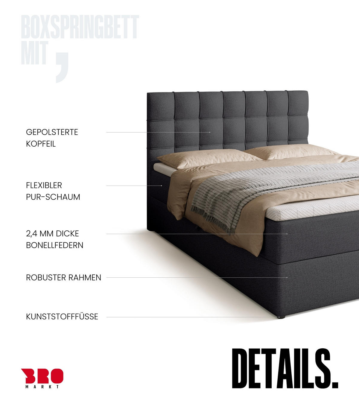 BOXBETT Detroit mit Topper 140/200 Dunkelgrau - Dunkelgrau, Textil (140/200cm) - Bromarkt
