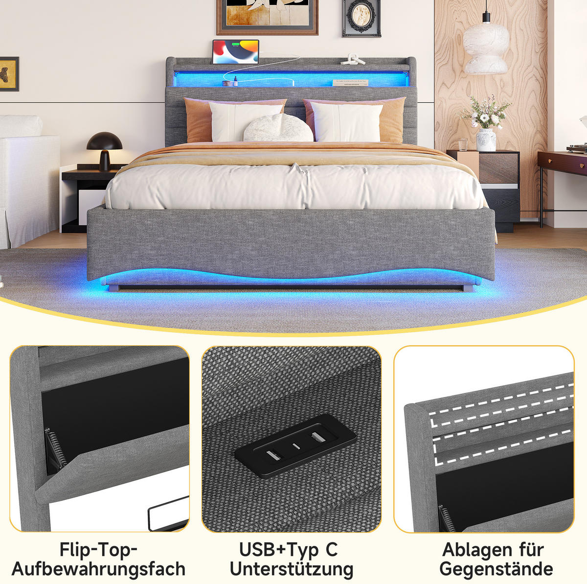 ČALÚNENÁ posteľ z ľanovej tkaniny 140x200 cm béžová s LED osvetlením, USB a Typ-C portami, hydraulickým úložným priestorom - béžová, textil (140/200cm) - Modfu
