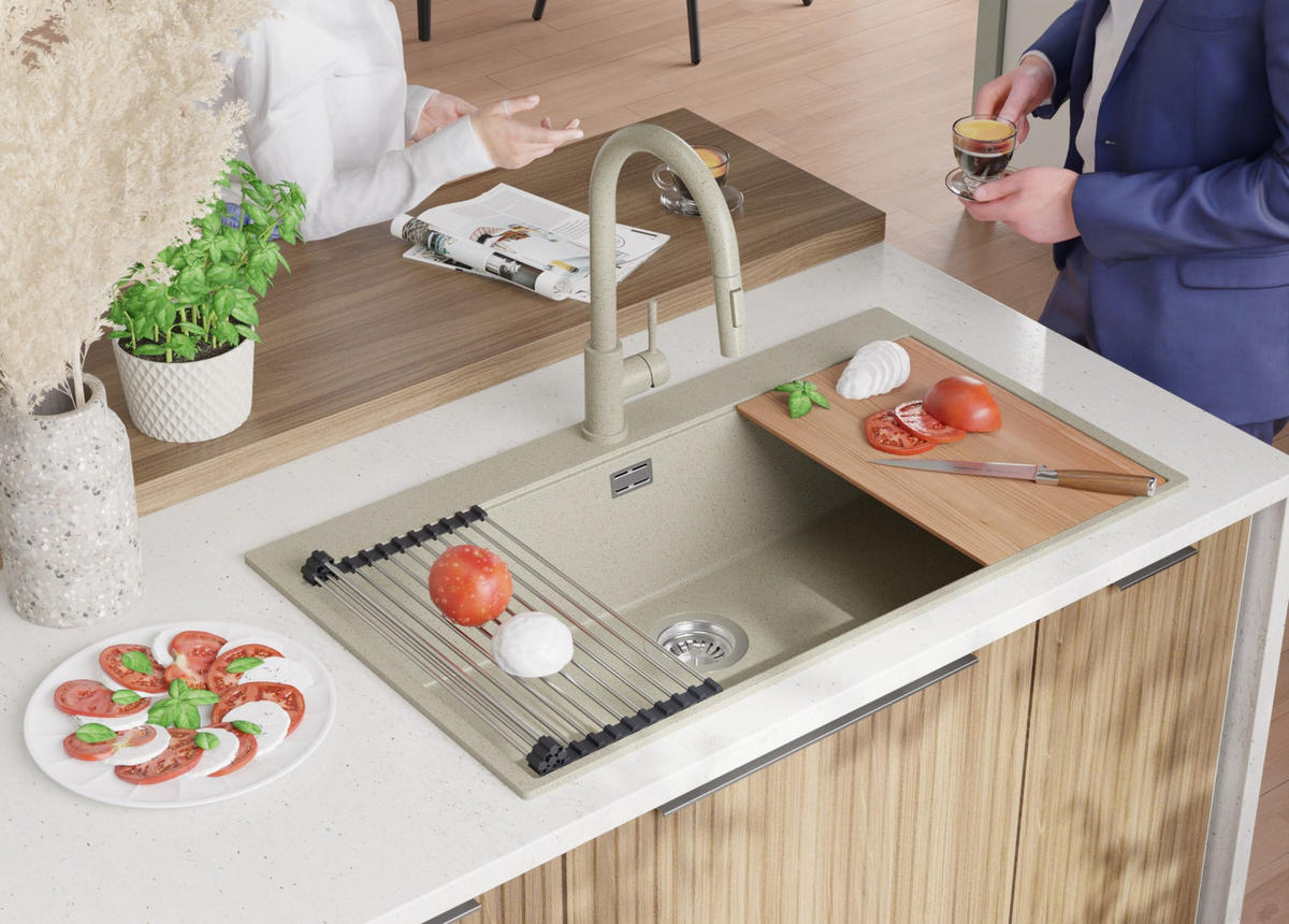 SPÜLBECKEN Oslo, 2-er set Beige 88/50 cm 1 Becken + Ablauf-Set + Schneidebrett ab 90er Unterschrank - Chromfarben/Beige, Kunststoff (88/20/50cm) - Primagran