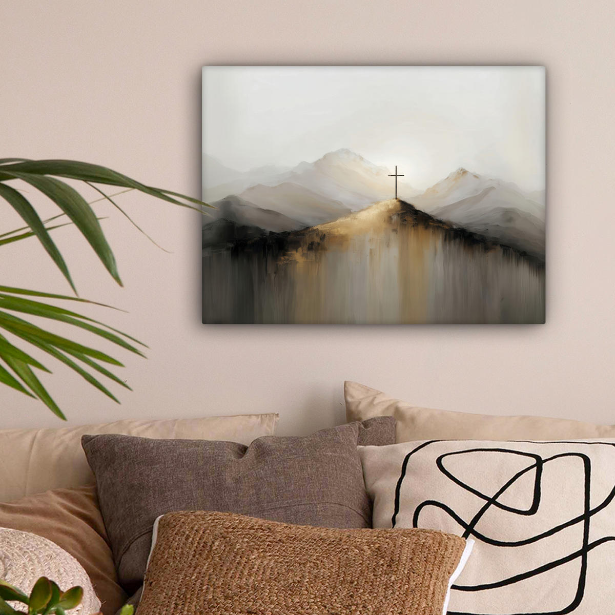 LEINWANDBILD Hügel - Abstrakt - Kreuz - Christentum Wandbild 40x30 cm - Beige, Textil (40/30cm) - MuchoWow