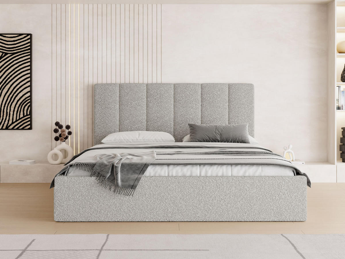 POLSTERBETT Amira Slim mit Bettkasten, Grau Boucle 140x200 cm - Birkefarben/Hellgrau, Holz/Holzwerkstoff (140/200cm) - WFL GROUP