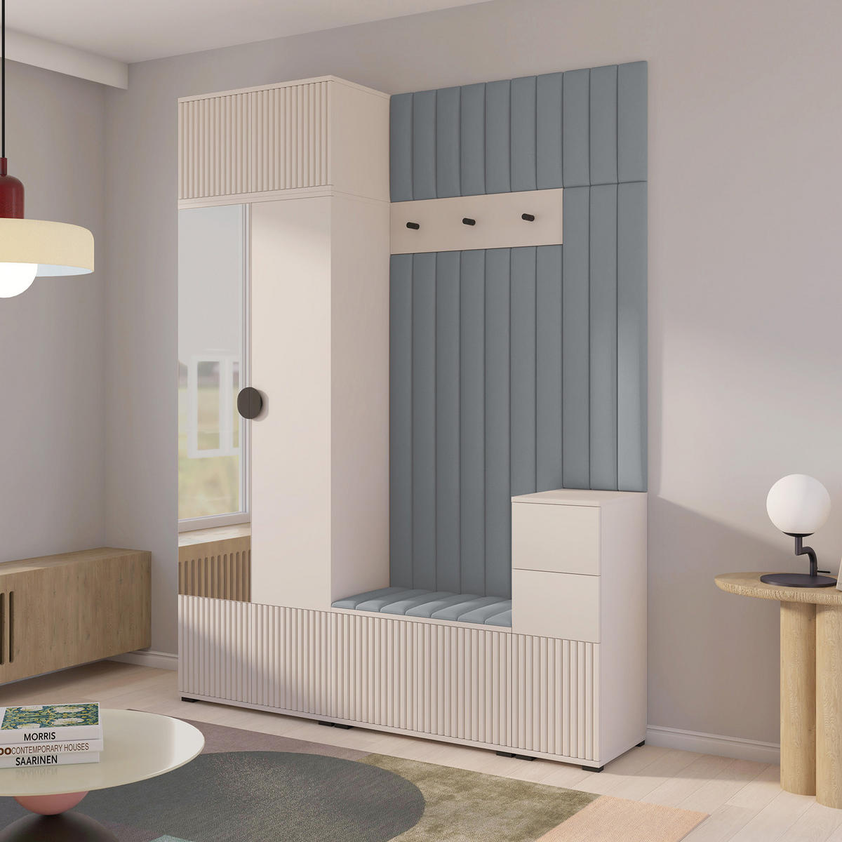 GARDEROBE Ritmo version 8 gefräste Kleiderschrank mit Polsterplatten Grau - Beige/Grau, Holzwerkstoff (170/225/40cm) - Jerpax