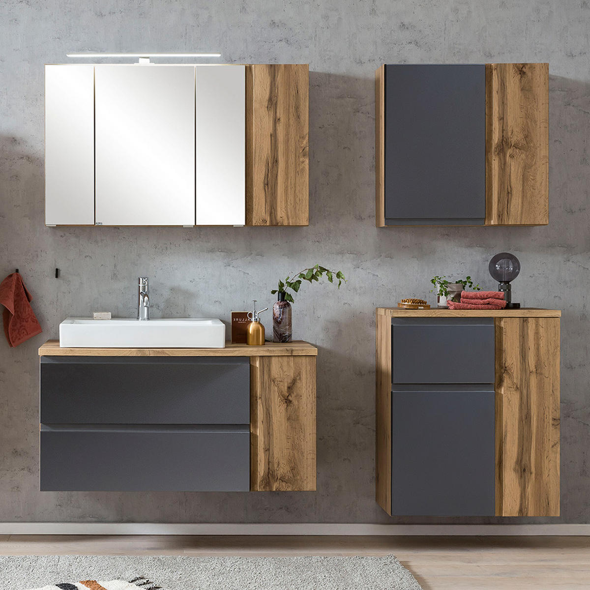 BADMÖBEL-SET 4-TLG. Vasto-03 - Grau, Holzwerkstoff (185/200/47cm) - Lomado