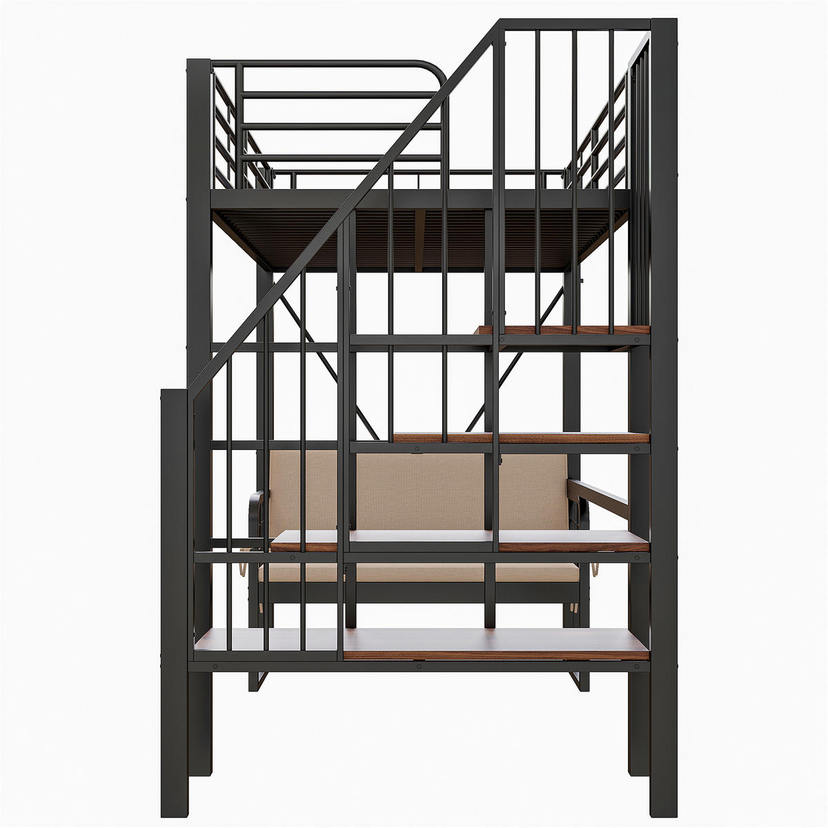 HOCHBETT 90/200 cm DE-01525, in Schwarz, mit Polstersofa, Stauraum und Sicherheitstreppe - Schwarz, Metall (90/200cm) - ComfortXL