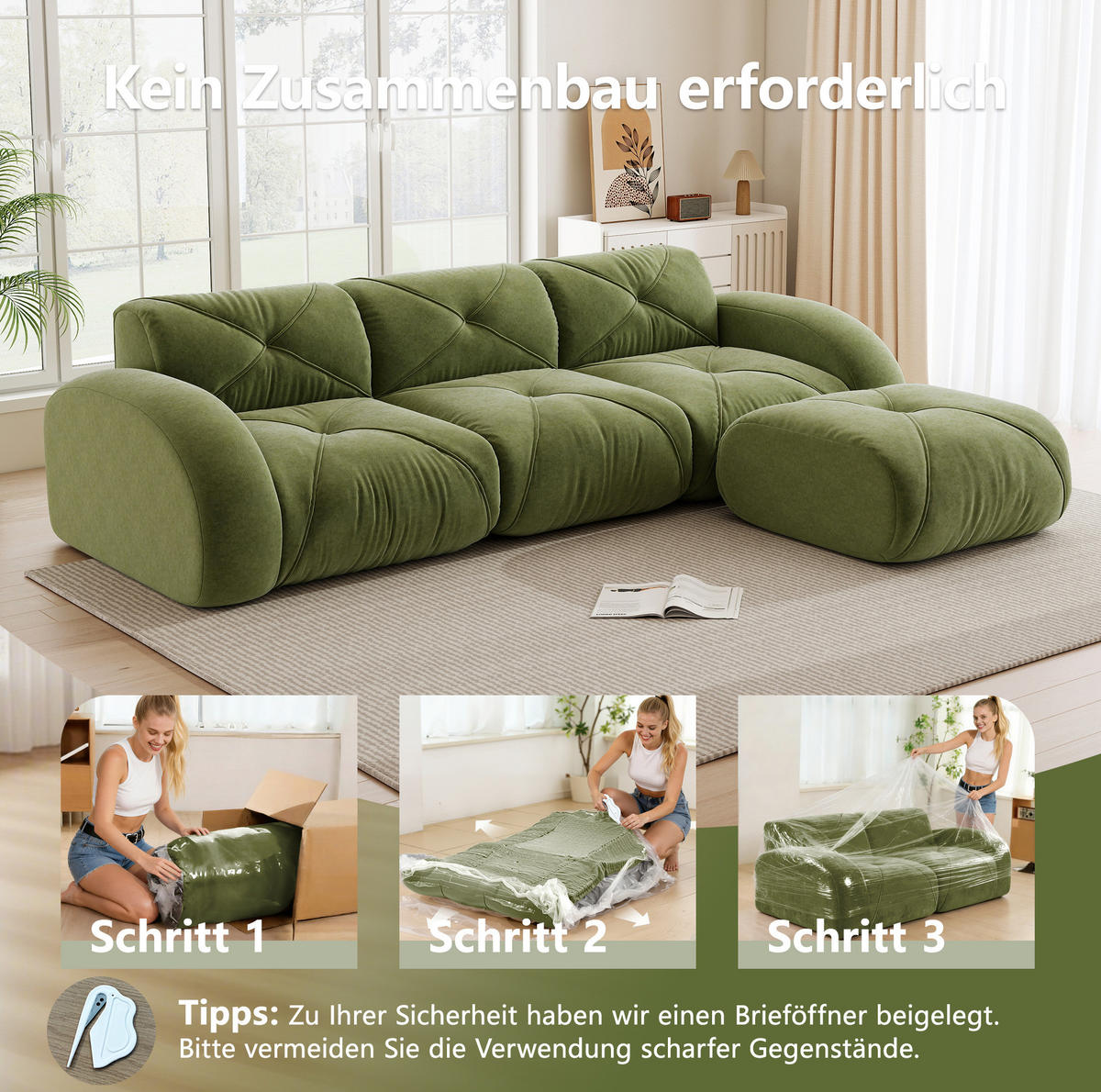 3-STIZER Sofa mit Hocker, flexibles Lounge-Design und 32D-Schaumstoff, Grün - Grün, Textil (281/76/171cm) - Redom