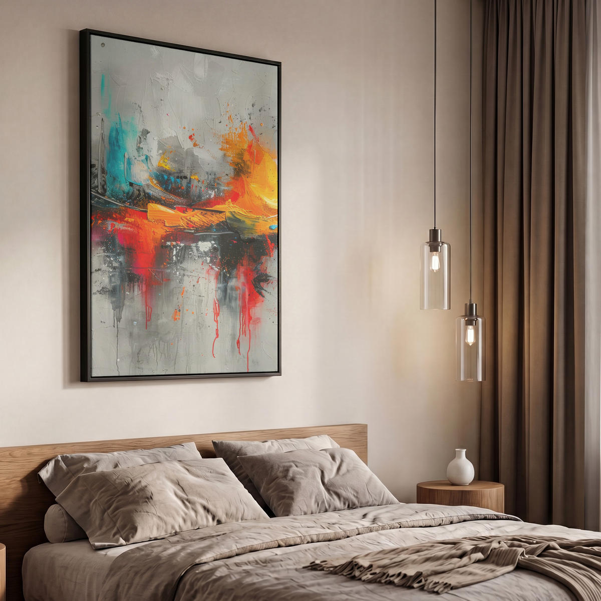 LEINWAND Bilder mit Rahmen - Moderne Kunst - Orange - Grau - Abstrakt - 60x90 - Hellgrau, Textil (60/90cm) - MuchoWow