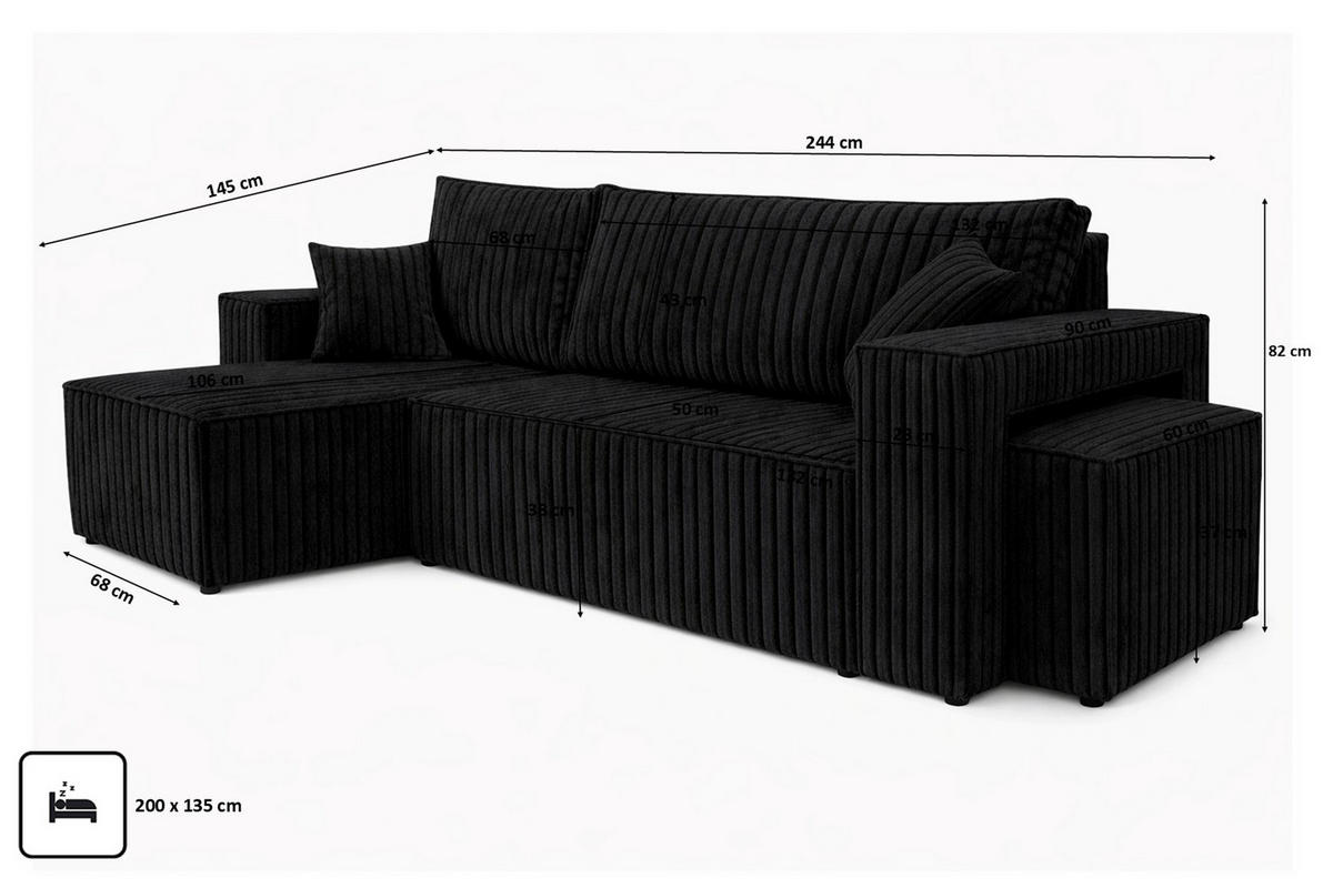 ECKSOFA Mit Schlaffunktion Und Pouf, Cordstoff Tilia, Schwarz, Links, Best L Mit Pouf - Schwarz, Holz (244/145cm) - Kaiser Möbel