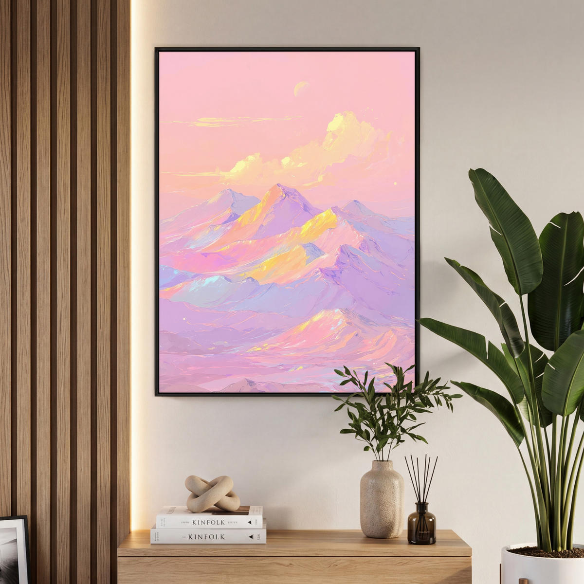 LEINWAND Bilder mit Rahmen - Berggipfel - Wolken - Verträumt - 70x100 - Hellrosa, Textil (70/100cm) - MuchoWow