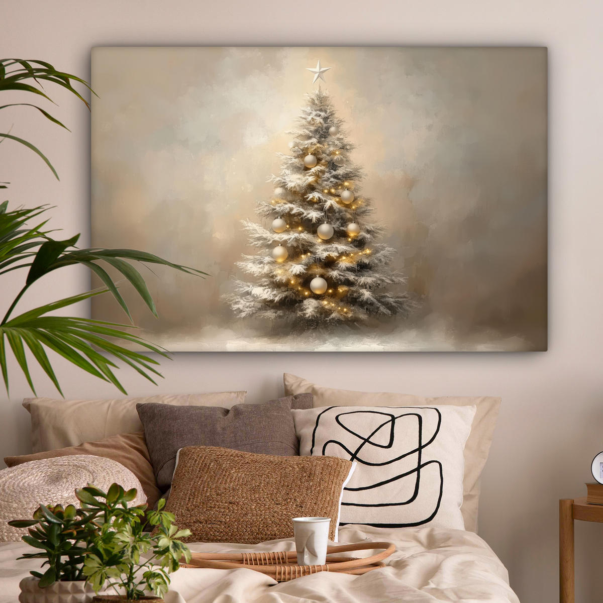 LEINWANDBILD Weihnachten - Weihnachtsbaum - Schnee - Kunst Wohnzimmer Groß 120x80 cm - Champagner, Textil (120/80cm) - MuchoWow