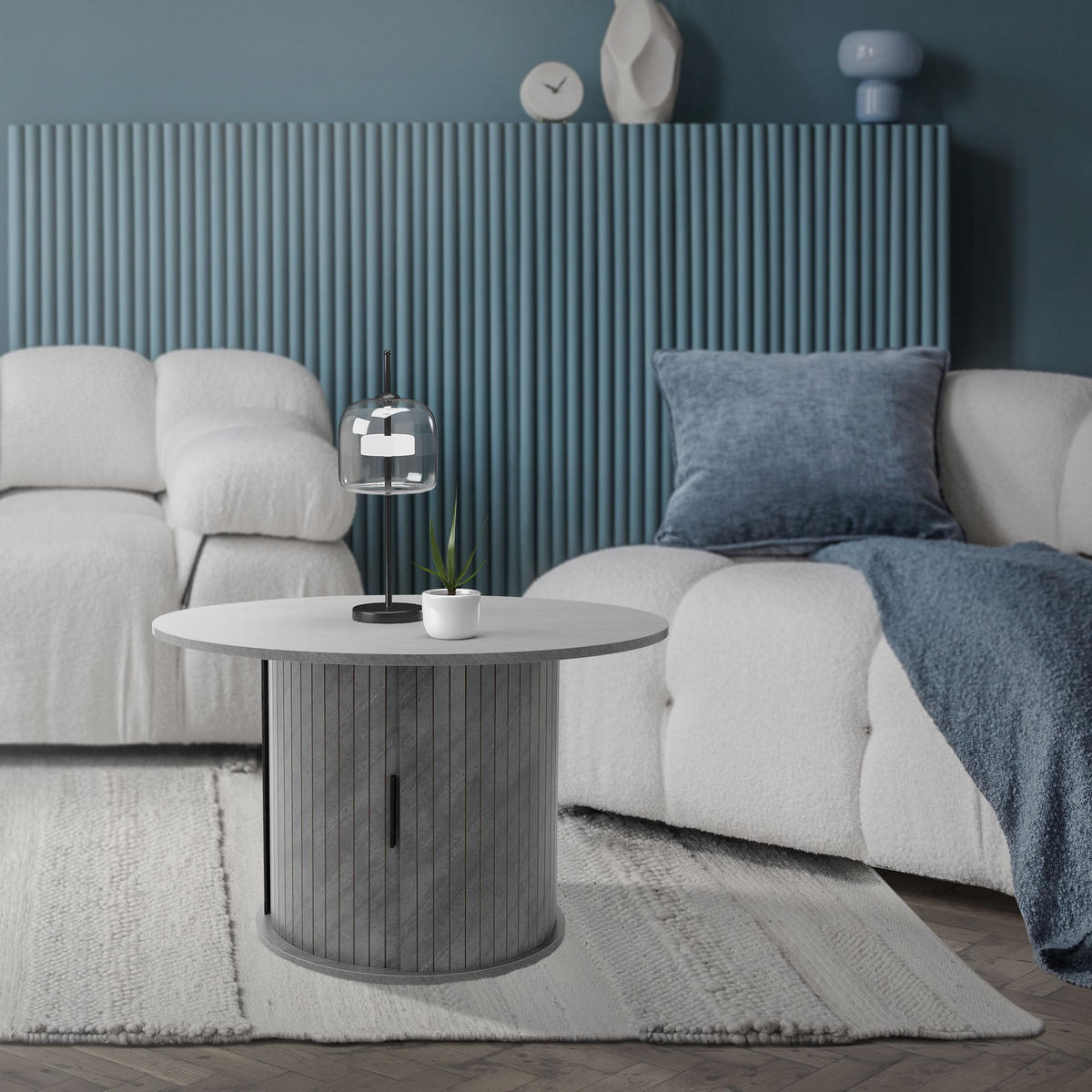COUCHTISCH mit Schiebetür und Stauraum rund Ø80x50 cm Beton-Optik Grau - Grau, Holz (80/80/50cm) - ML-DESIGN