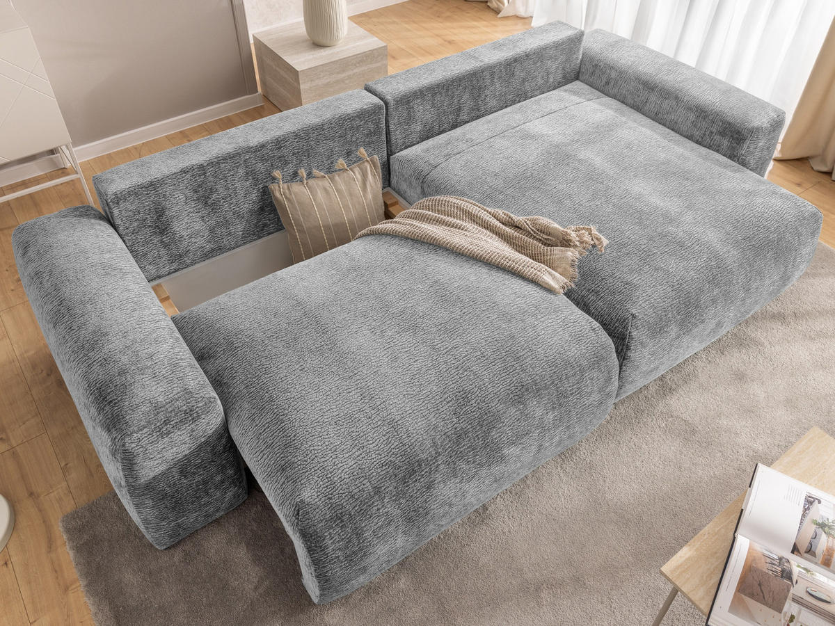 ECKSOFA Puffy mit Schlaffunktion und Bettkasten - besonders weich und puffig aus Hellgrau Stoff mit Chenillestruktur - Ottomane rechts - Hellgrau/Schwarz, Holz/Kunststoff (266/138cm) - S-Style Möbel