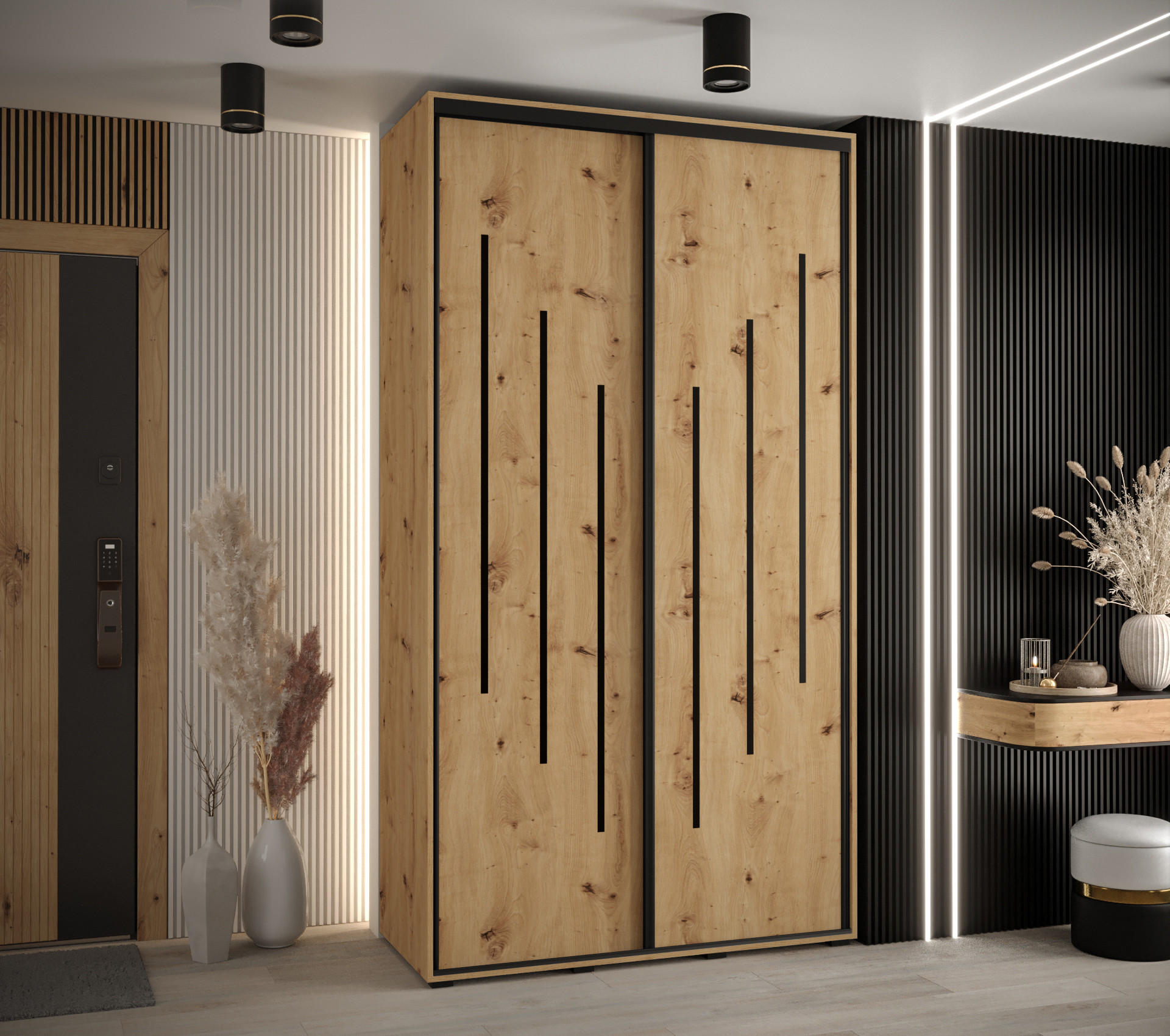 SCHWEBETÜRENSCHRANK 235,2/140/60 2-türig - Schwarz/Eiche Artisan, Holz/Metall (140/235/60cm) - Abiks Möbel