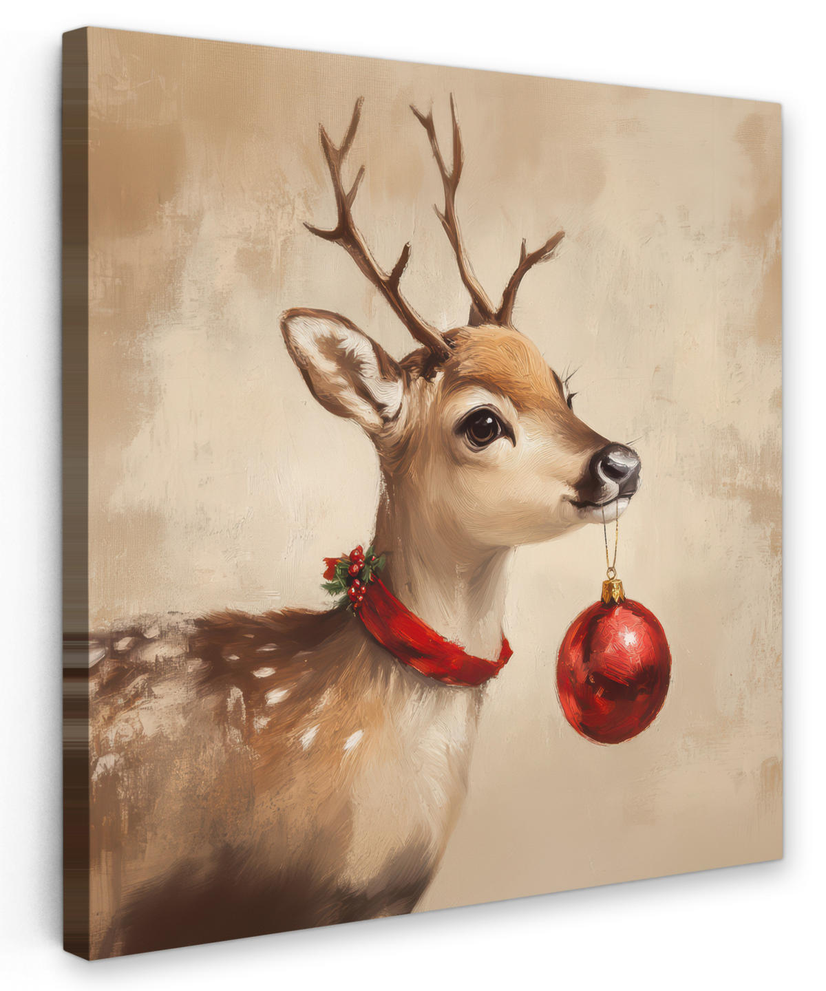 LEINWANDBILD Weihnachten - Hirsch - Geweih - Weihnachtskugel - Rentier 90x90 cm - Hellbraun, Textil (90/90cm) - MuchoWow