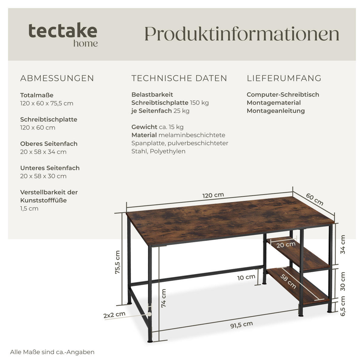 COMPUTERTISCH Canton,120 x 60 x 75,5 cm,Industrial Holz dunkel, rustikal - Rostfarben, Holzwerkstoff (120/60/75.5cm) - tectake