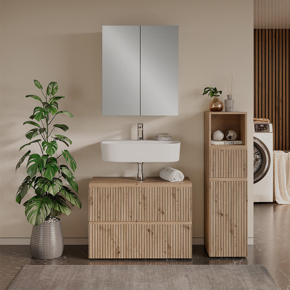 BADMÖBEL-SET Takumi Artisan 3 Teile - Hellgrau, Holzwerkstoff (80/58/35cm) - Vicco