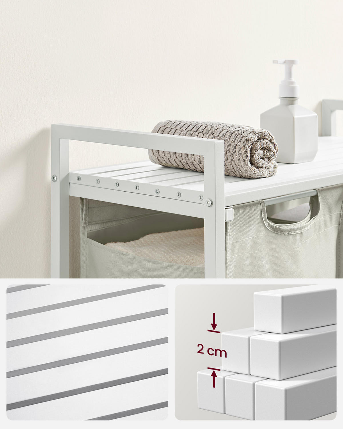 WÄSCHEKORB mit 2 herausziehbaren Fächern, hellgrau - L71 cm - Grau, Metall (33/73/71cm) - Calicosy