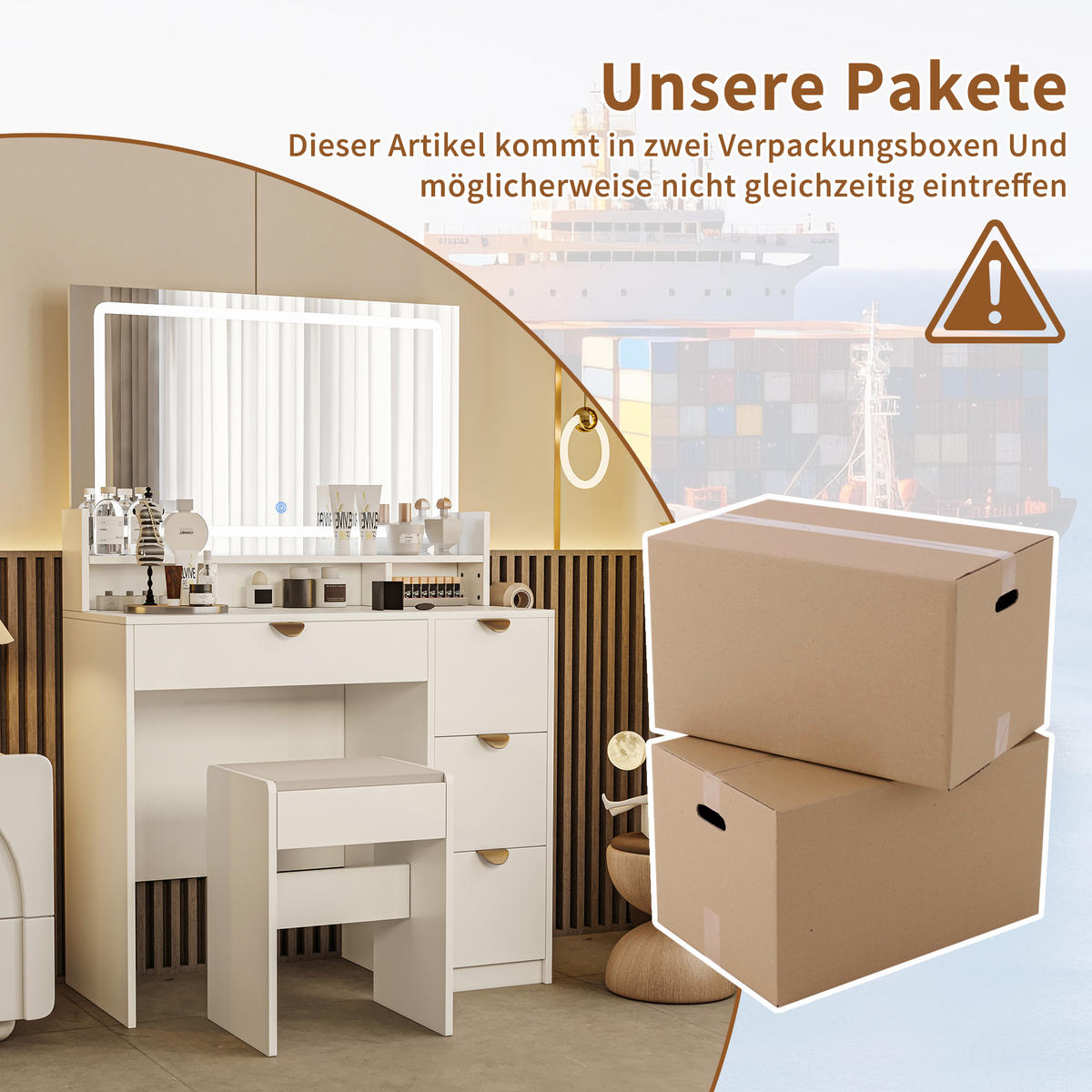 SCHMINKTISCH LED USB 4 Schubladen Hocker weiß - Weiß, Holz (40/140/90cm) - Fortuna Lai