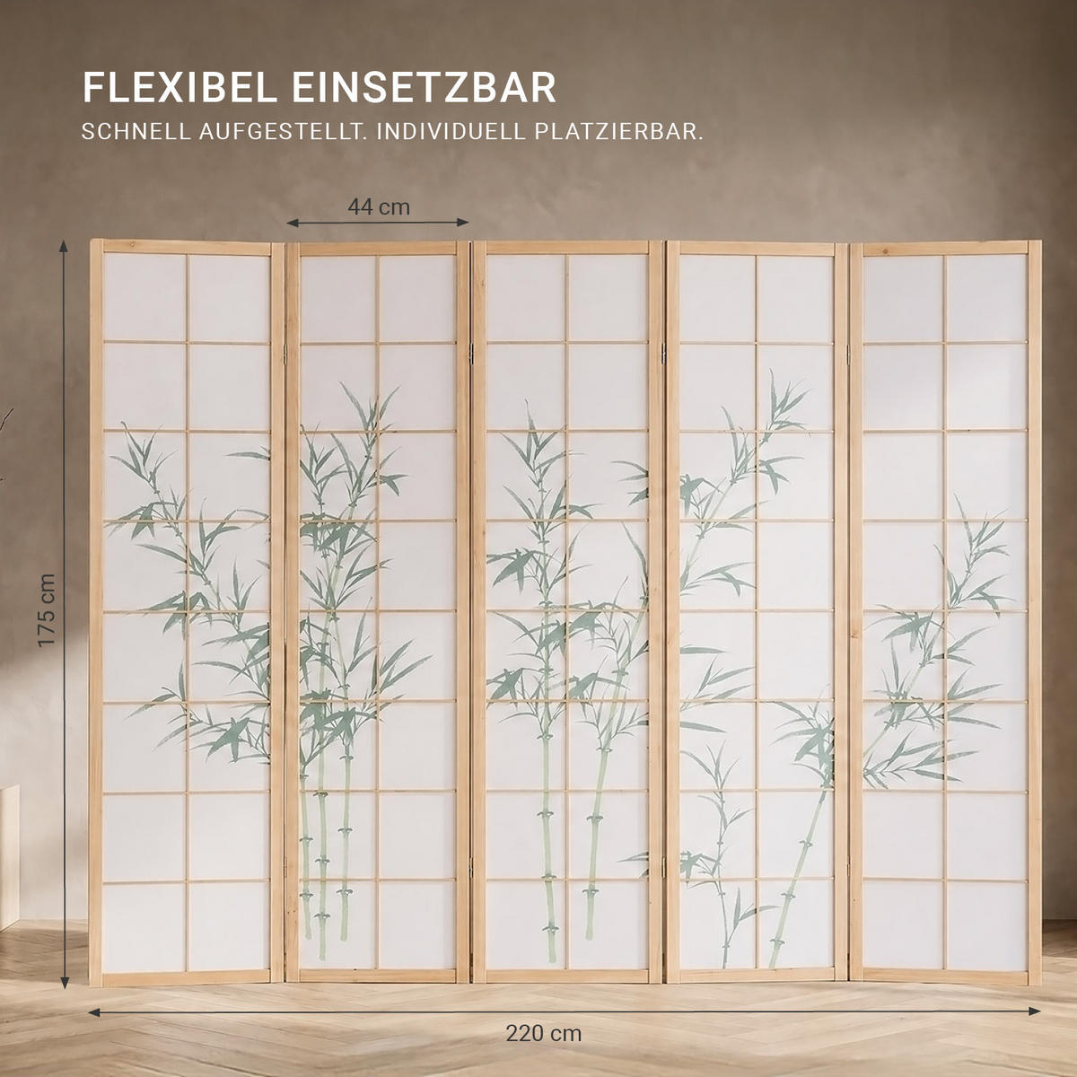 PARAVENT 5-tlg. 220/175 cm Grün Bambusmuster - Grün, Holz (220/175/2cm) - Homestyle4u