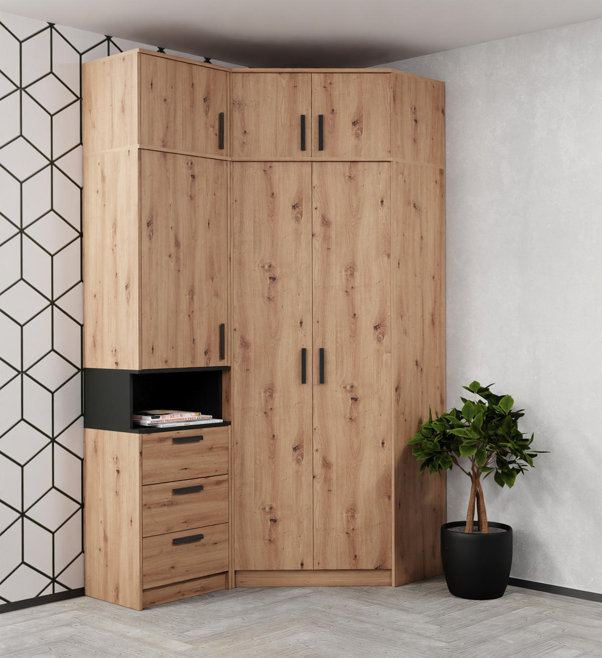DREHTÜRENSCHRANK ECKSCHRANK REGAL GRANT SET 15/A EICHE ARTISAN 143/195/91 - Schwarz/Eiche Artisan, Holzwerkstoff/Kunststoff (143/195/91cm) - Marmex Möbel