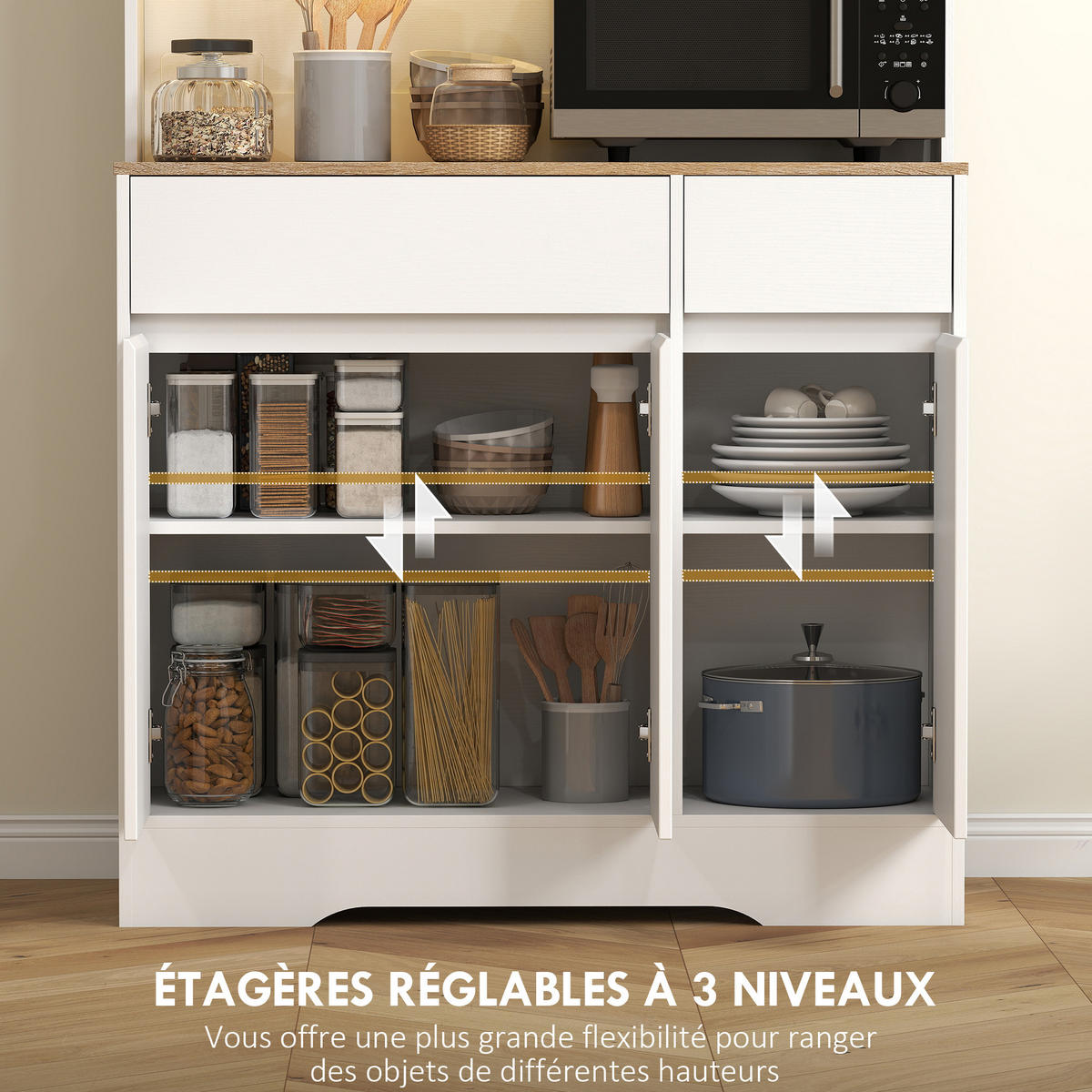 BUFFET DE-11308 LED-RGB, 6 Türen & 2 Schubladen mit Arbeitsplatte Weiß - Weiß, Holzwerkstoff (38/180/100cm) - ComfortXL