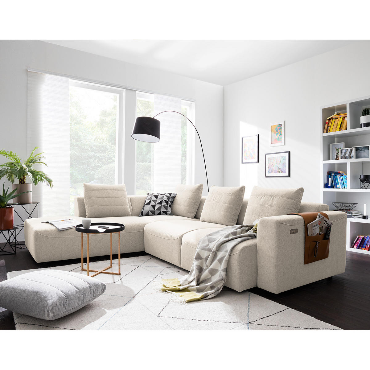 ECKSOFA mit Ottomane - Webstoff - Beige/Schwarz, Kunststoff/Textil (283/237cm) - home24