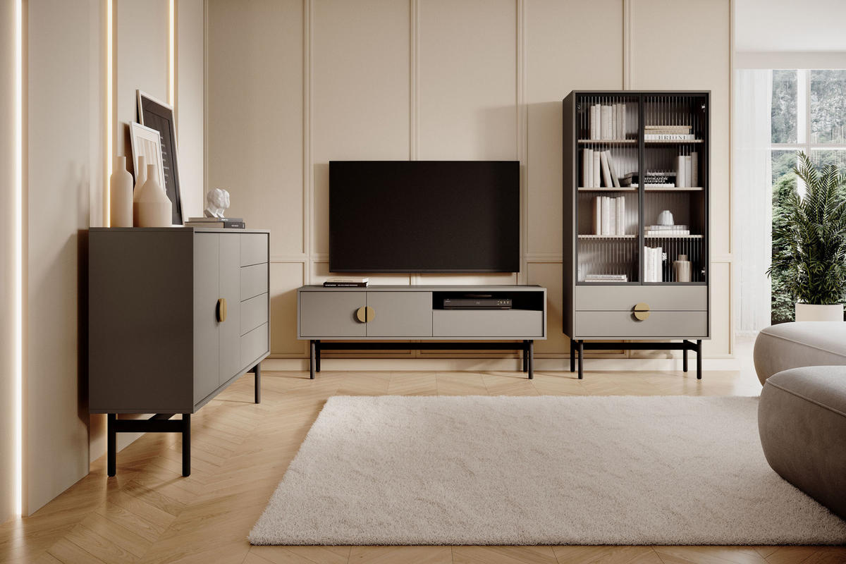 SIDEBOARD Stoon Steingrau 154 cm - Beige/Goldfarben, Holzwerkstoff/Metall (154/93/38cm) - Selsey