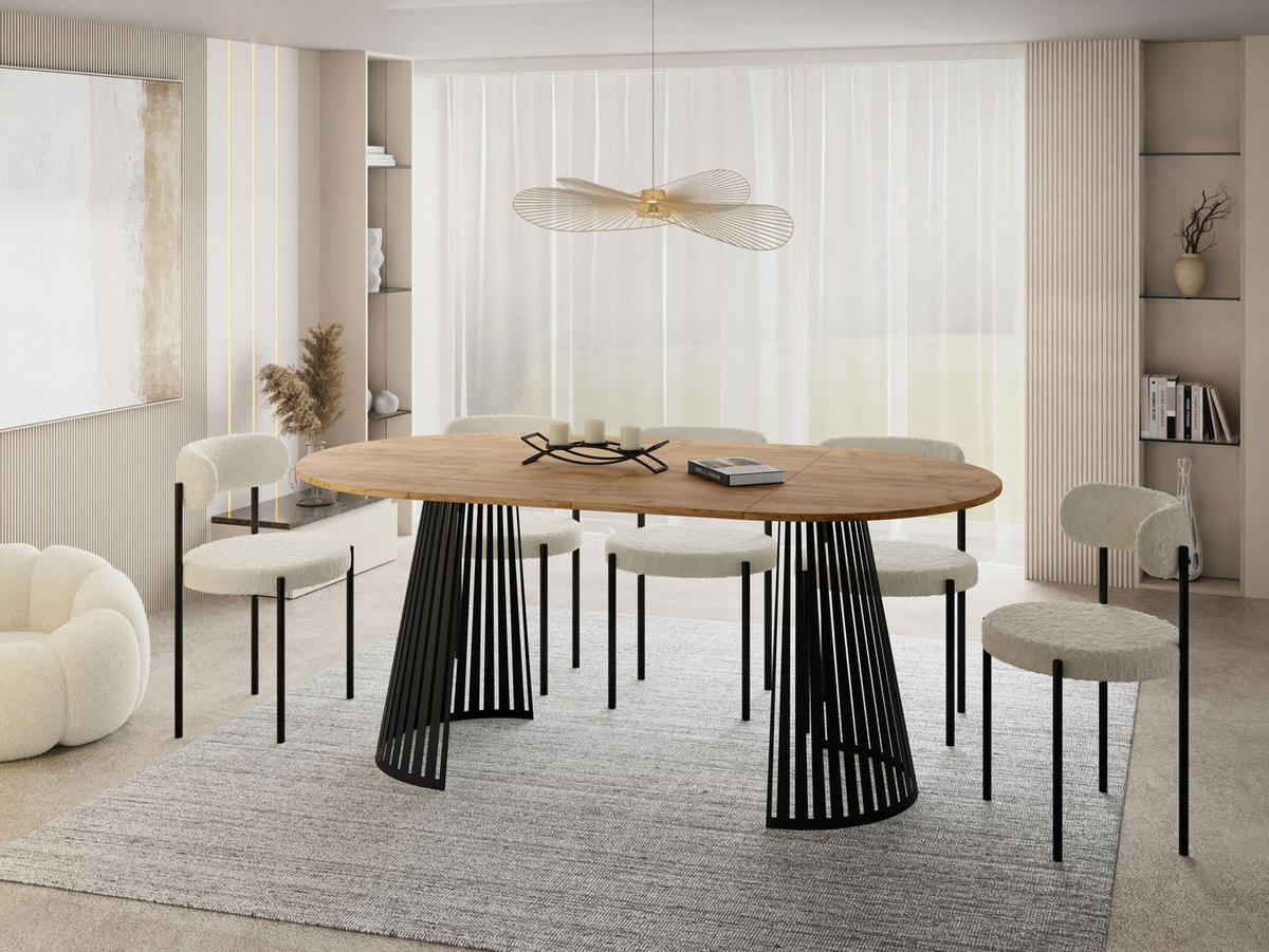 ESSTISCH Naro rund ausziehbar mit Schwarzem Lamellen-Metallgestell, Braun 100-180/100/76 cm - Eiche Wotan/Schwarz, Holzwerkstoff/Metall (100/100/76cm) - WFL GROUP