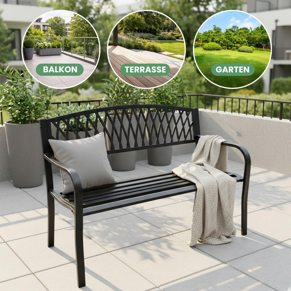 GARTENBANK ARCADIA Schwarz 127 x 86 x 62 cm - Schwarz, Metall (127/86/62cm) - Akord