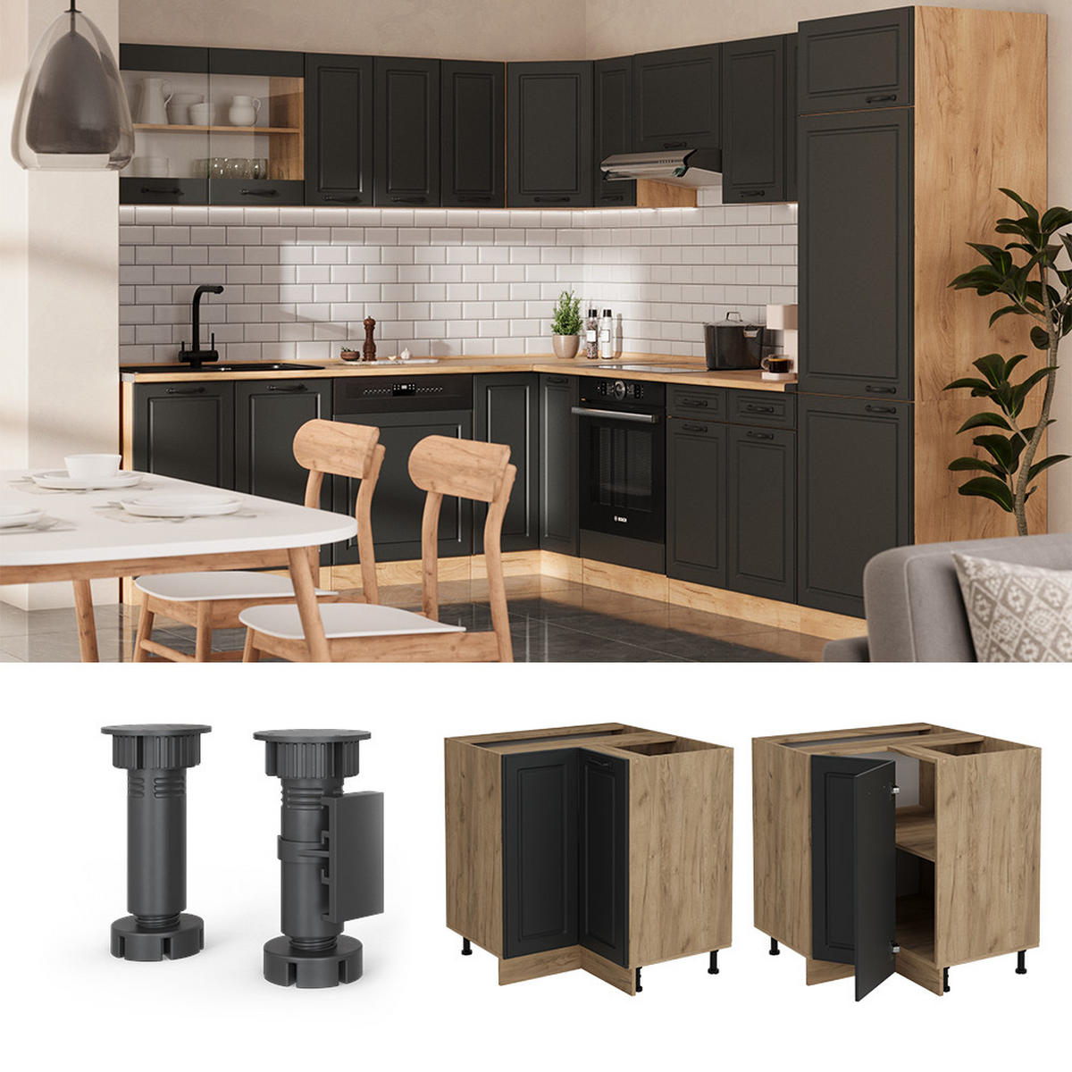 ECKUNTERSCHRANK R-Line Anthrazit Landhaus 75.6 cm , AP Anthrazit - Honigeiche/Anthrazit, Holzwerkstoff (75.6/81.6/60cm) - Vicco