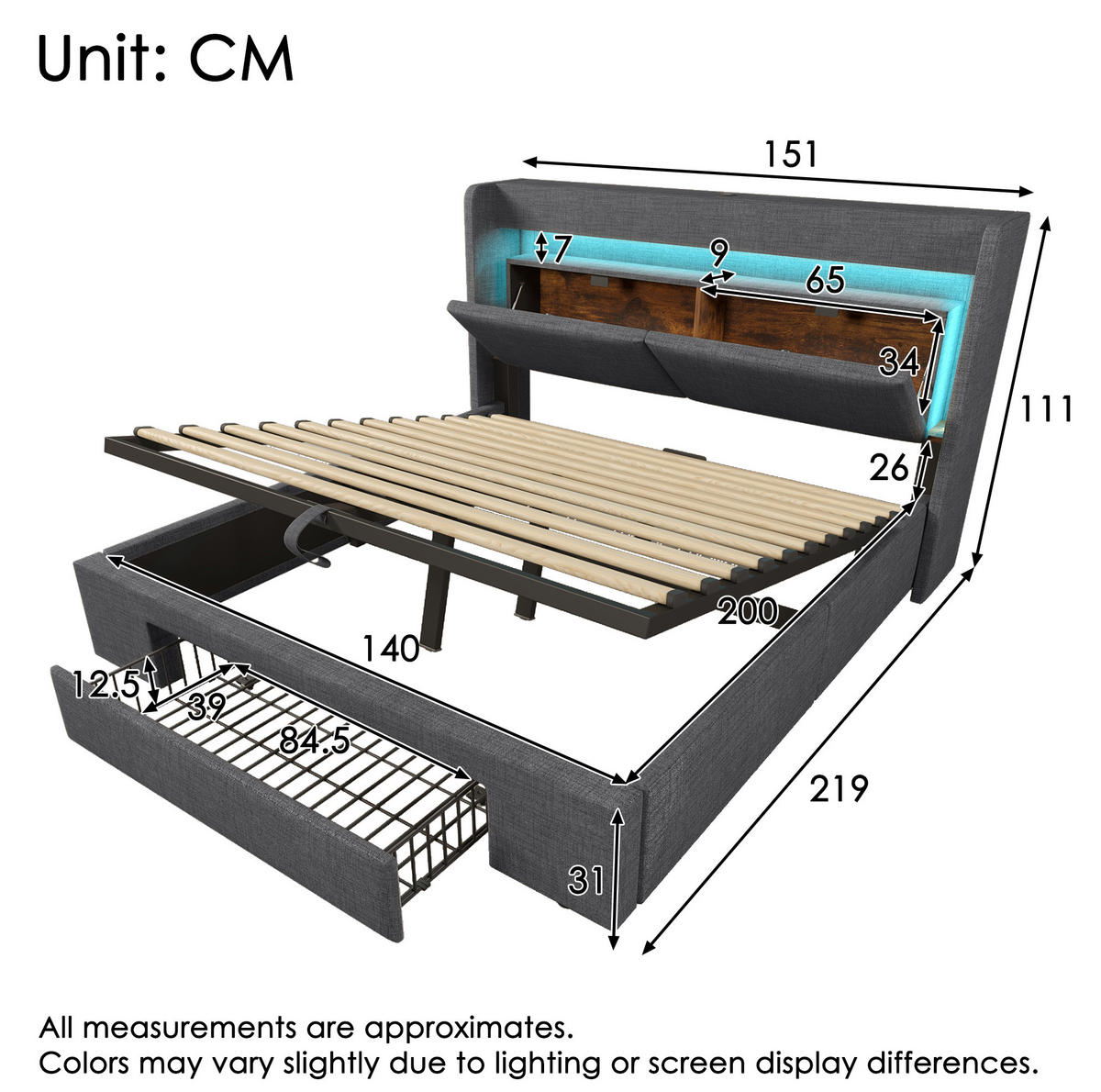POLSTERBETT aus Leinen 140x200 cm Grau mit Matratze, LED, USB-C und hydraulischem Stauraum - Grau, Textil (140/200cm) - IVMEU