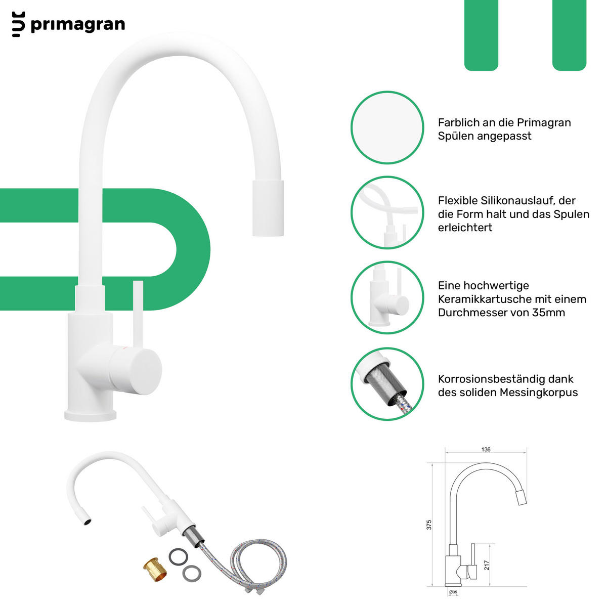 GRANITSPÜLE Kopenhagen Easy, 2-er set Alles Weiß 70/44 cm 1 Becken + Küchenarmatur 38/14 cm + Ablauf-Set ab 45er Unterschrank - Weiß, Kunststoff (70/20/44cm) - Primagran