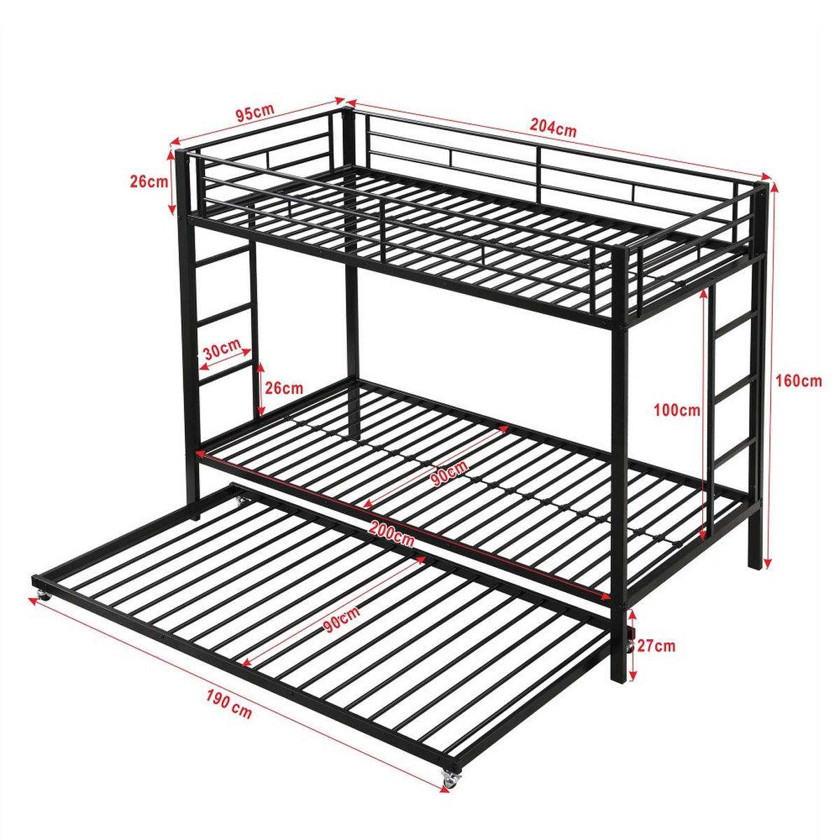 ETAGENBETT 90x200cm mit Ausziehbett in Schwarz - Schwarz, Metall (90/200cm) - KOMHTOM