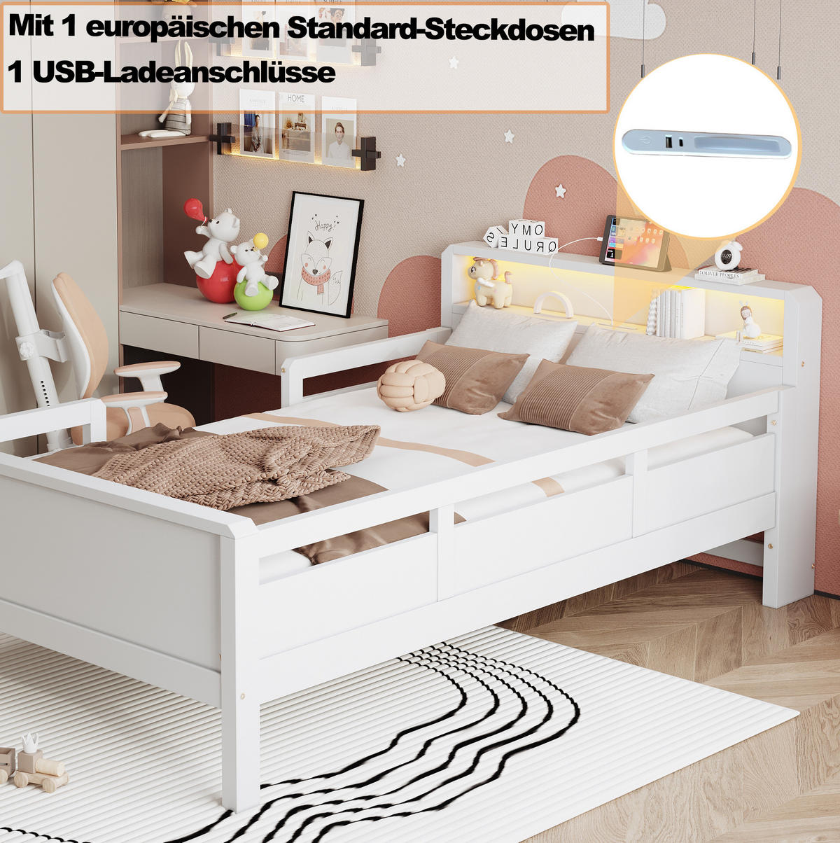 KINDERBETT 90x200 cm in Weiß mit LED-Leuchte, USB-/Type-C-Anschluss und Ablage - Weiß, Holz (90/200cm) - IVMEU