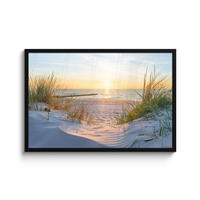 POSTER MIT RAHMENGERAHMTES BILD - Strand - Sonne - Düne - Gras - Sand - Horizont - 90x60 cm - Hellblau, Papier (90/60cm) - MuchoWow
