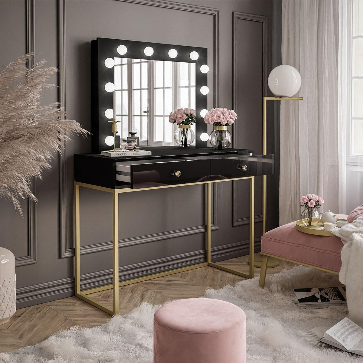 SCHMINKTISCH BLANCO GOLD mit Spiegel und Beleuchtung - Schwarz, Holzwerkstoff (100/146/42cm) - Lookway