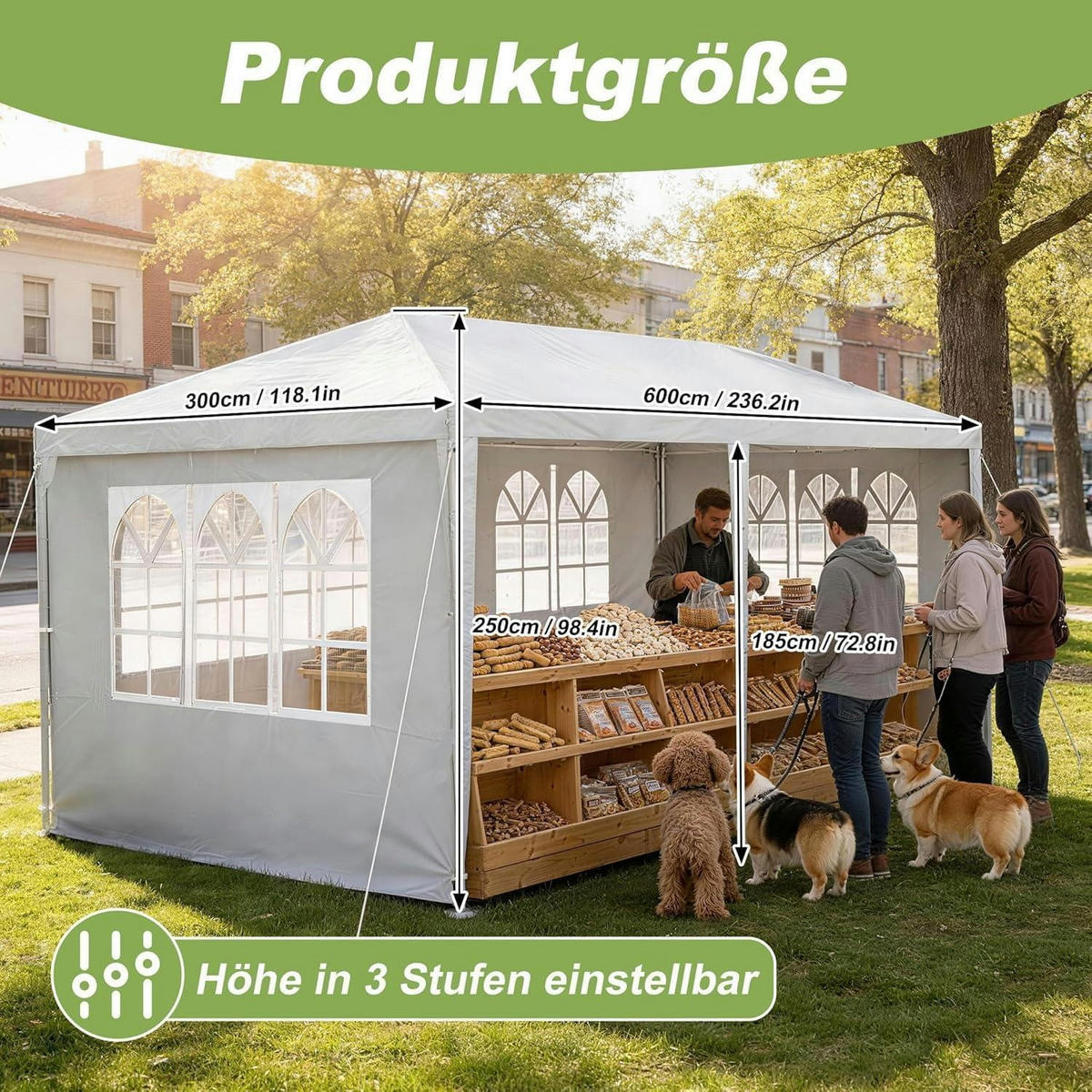 GARTENPAVILLON 3x6 m Grau mit Seitenteilen und Fenstern - Grau, Textil (250/300/600cm)