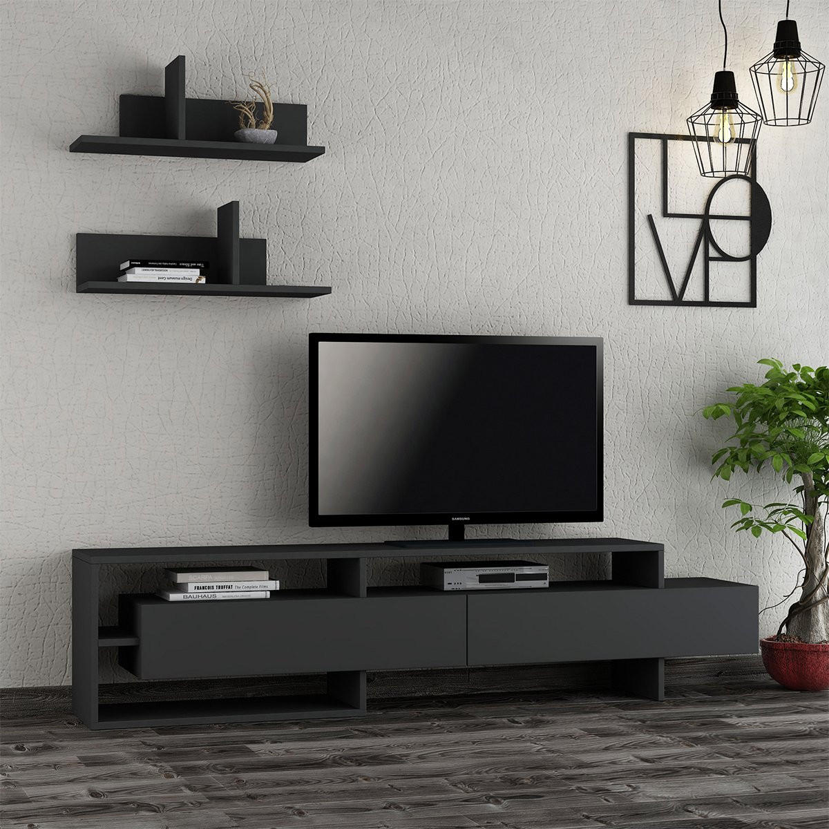 TV-MÖBEL mit 2 Türen und 2 Wandregalen L180 cm - Gara - Anthrazit, Holzwerkstoff (32/42/180cm) - Calicosy