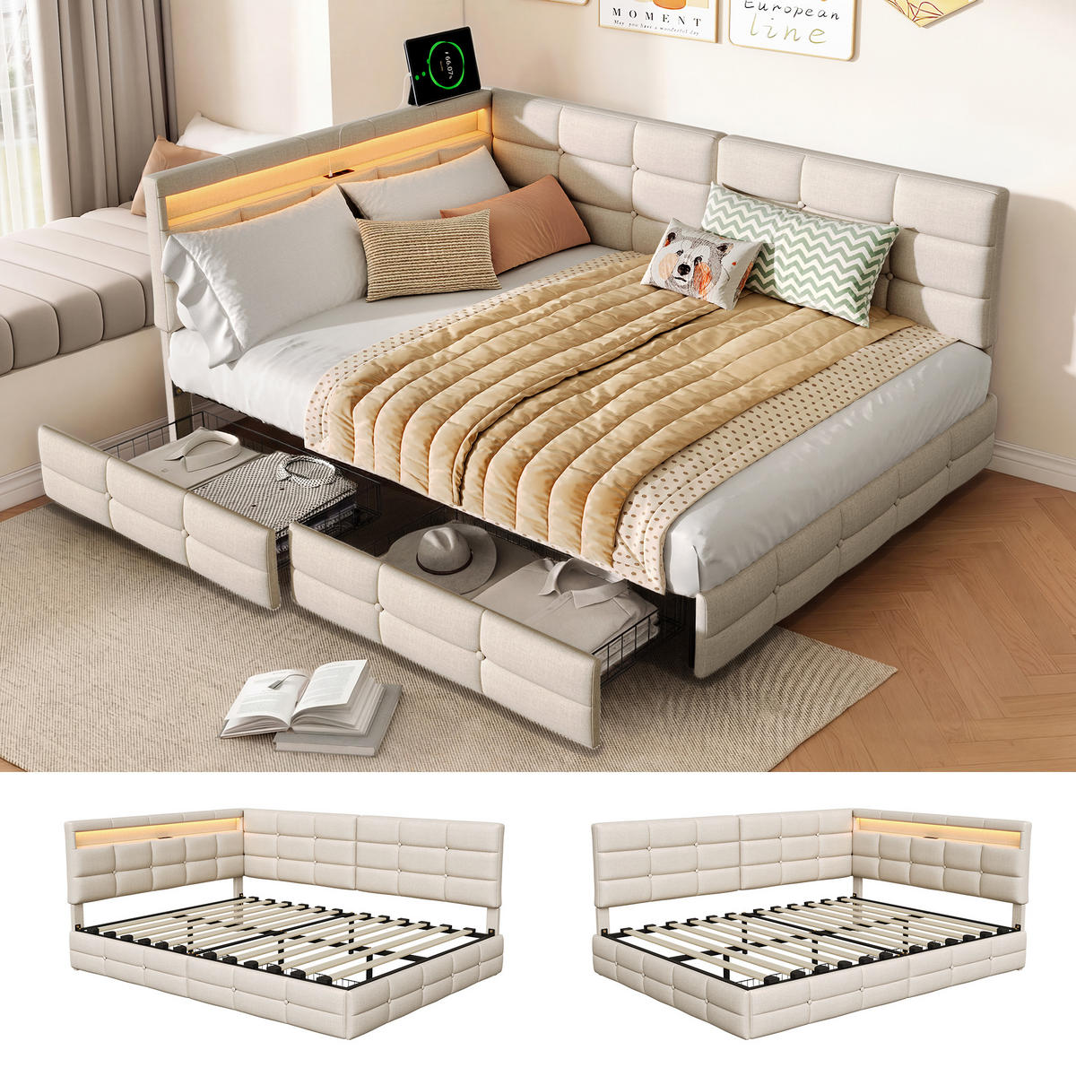 BETT 140x200 cm mit L-förmigem Kopfteil, 2 Schubladen, USB-Ladeanschluss, LED-Licht, Leinenstoff, Beige - Beige, Holz (140/200cm) - BRILVERDE