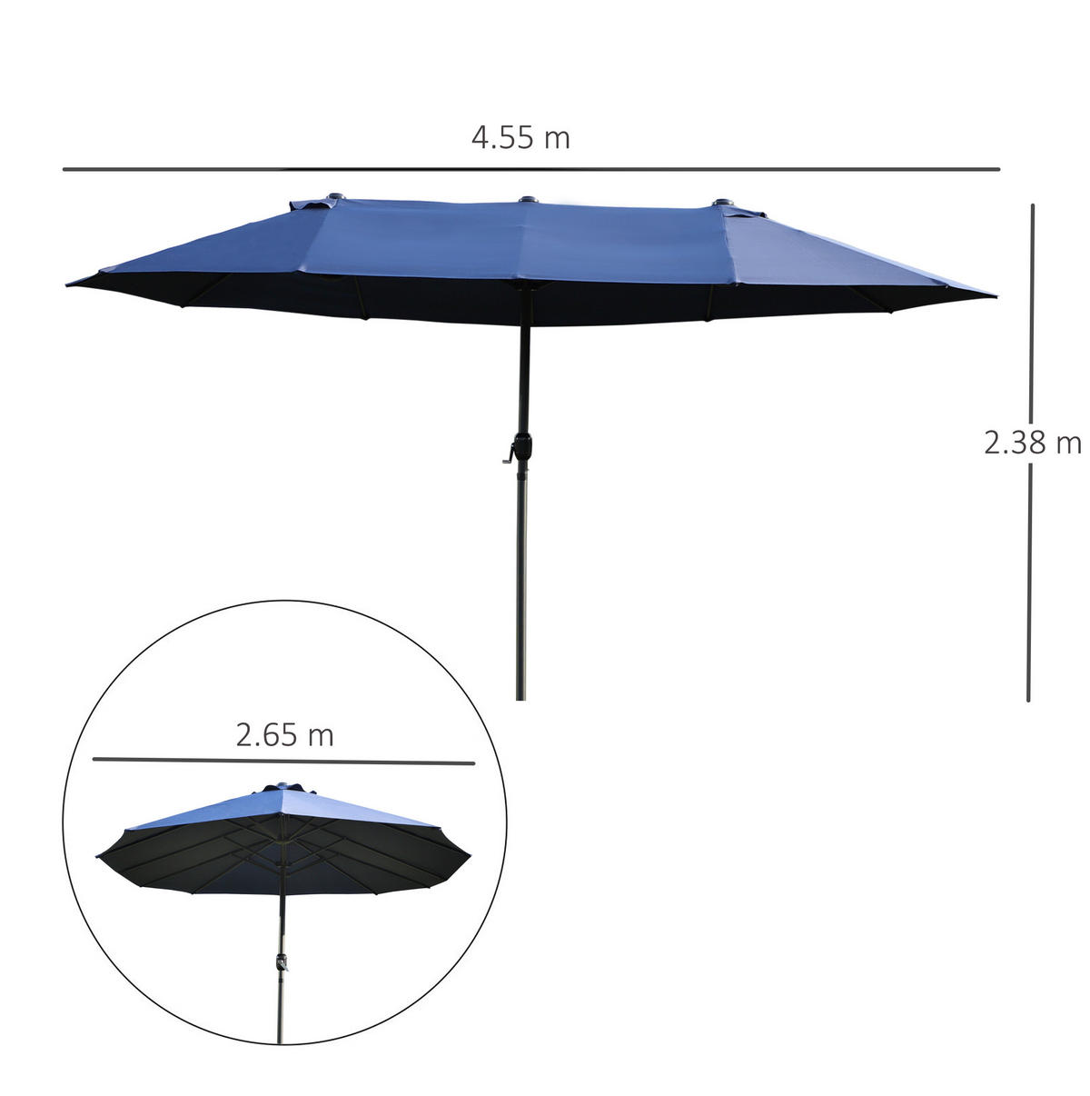DOPPEL-SONNENSCHIRM aus Stahl 455x265x238 cm in Blau mit Handkurbel - Blau, Metall (265/455cm) - Modfu